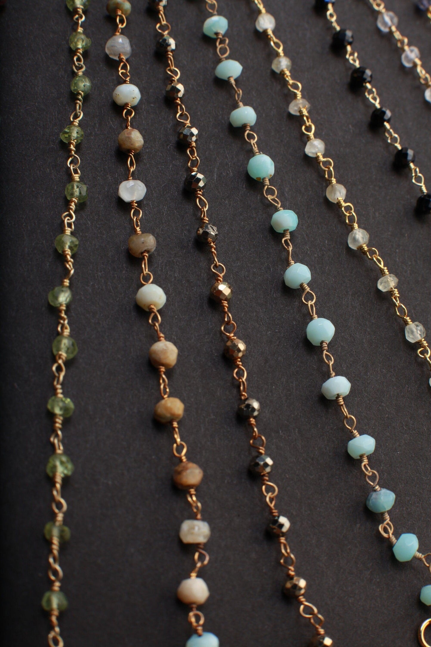 Chrysoprase,Labradorite,Tourmaline,Peridot,Opal,Pyrite,Amazonite,Aquamarine,Spinel,Moonstone ,Iolite, TQ Gold Rosary Finished Chain Necklace