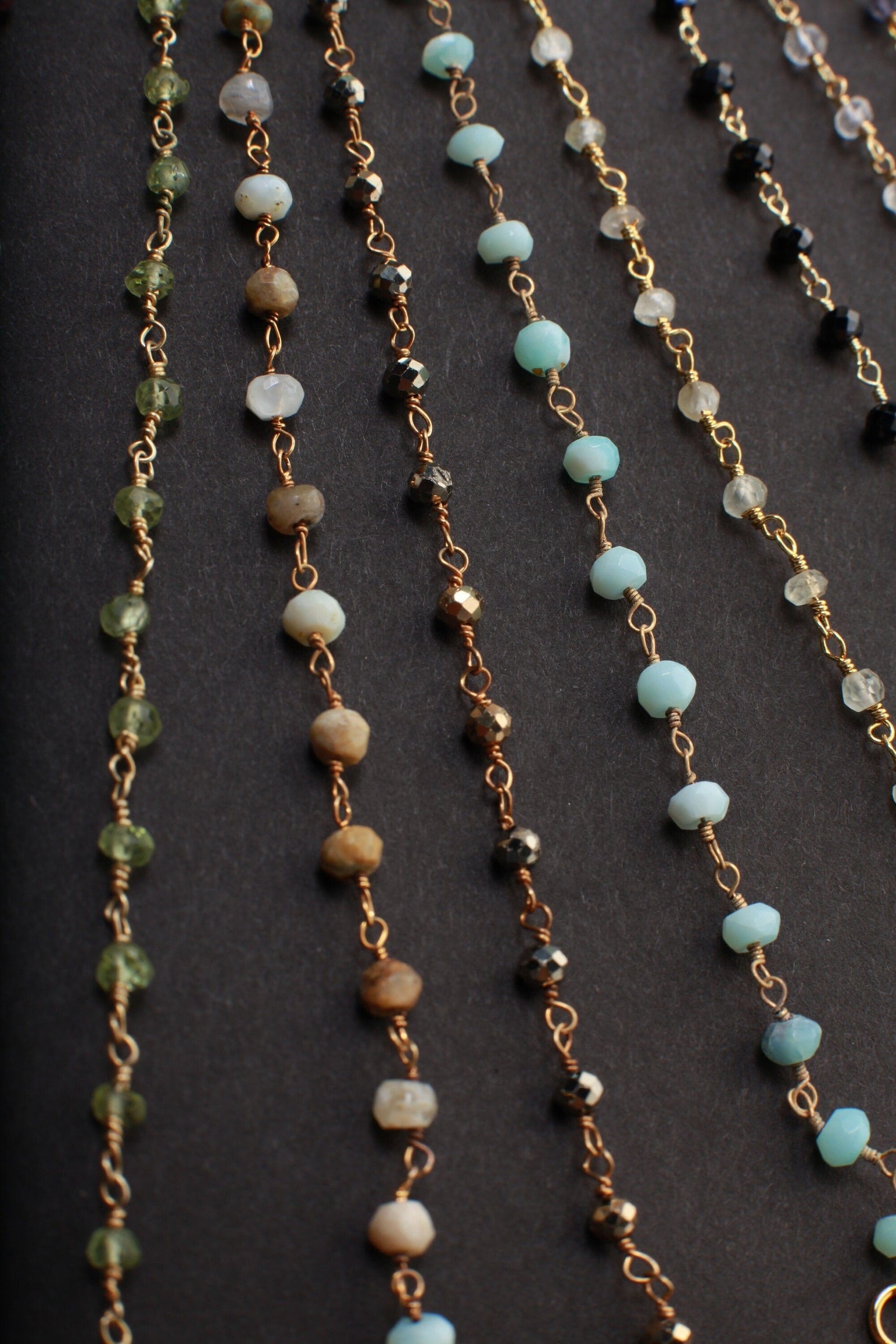 Chrysoprase,Labradorite,Tourmaline,Peridot,Opal,Pyrite,Amazonite,Aquamarine,Spinel,Moonstone ,Iolite, TQ Gold Rosary Finished Chain Necklace