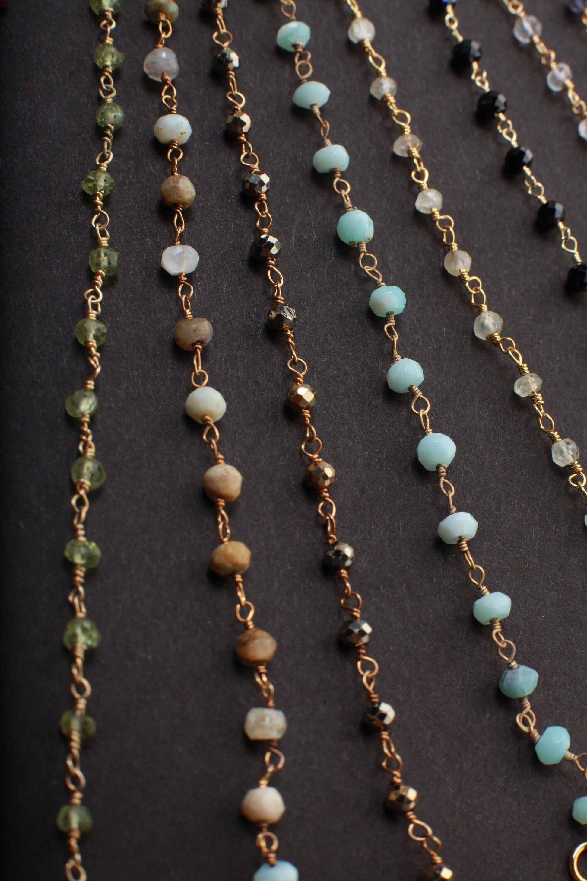 Chrysoprase,Labradorite,Tourmaline,Peridot,Opal,Pyrite,Amazonite,Aquamarine,Spinel,Moonstone ,Iolite, TQ Gold Rosary Finished Chain Necklace