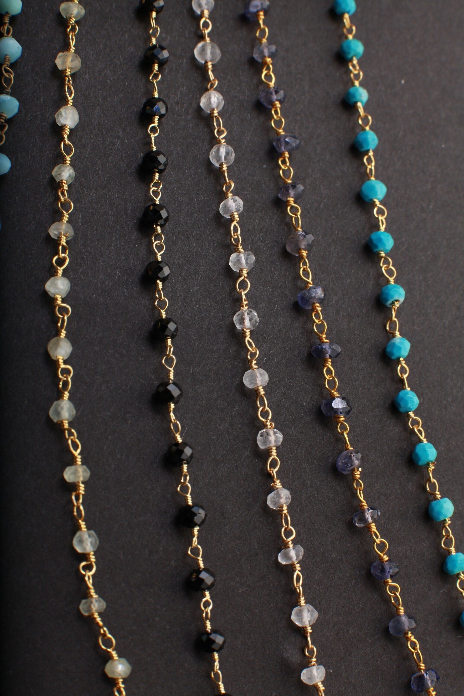 Chrysoprase,Labradorite,Tourmaline,Peridot,Opal,Pyrite,Amazonite,Aquamarine,Spinel,Moonstone ,Iolite, TQ Gold Rosary Finished Chain Necklace
