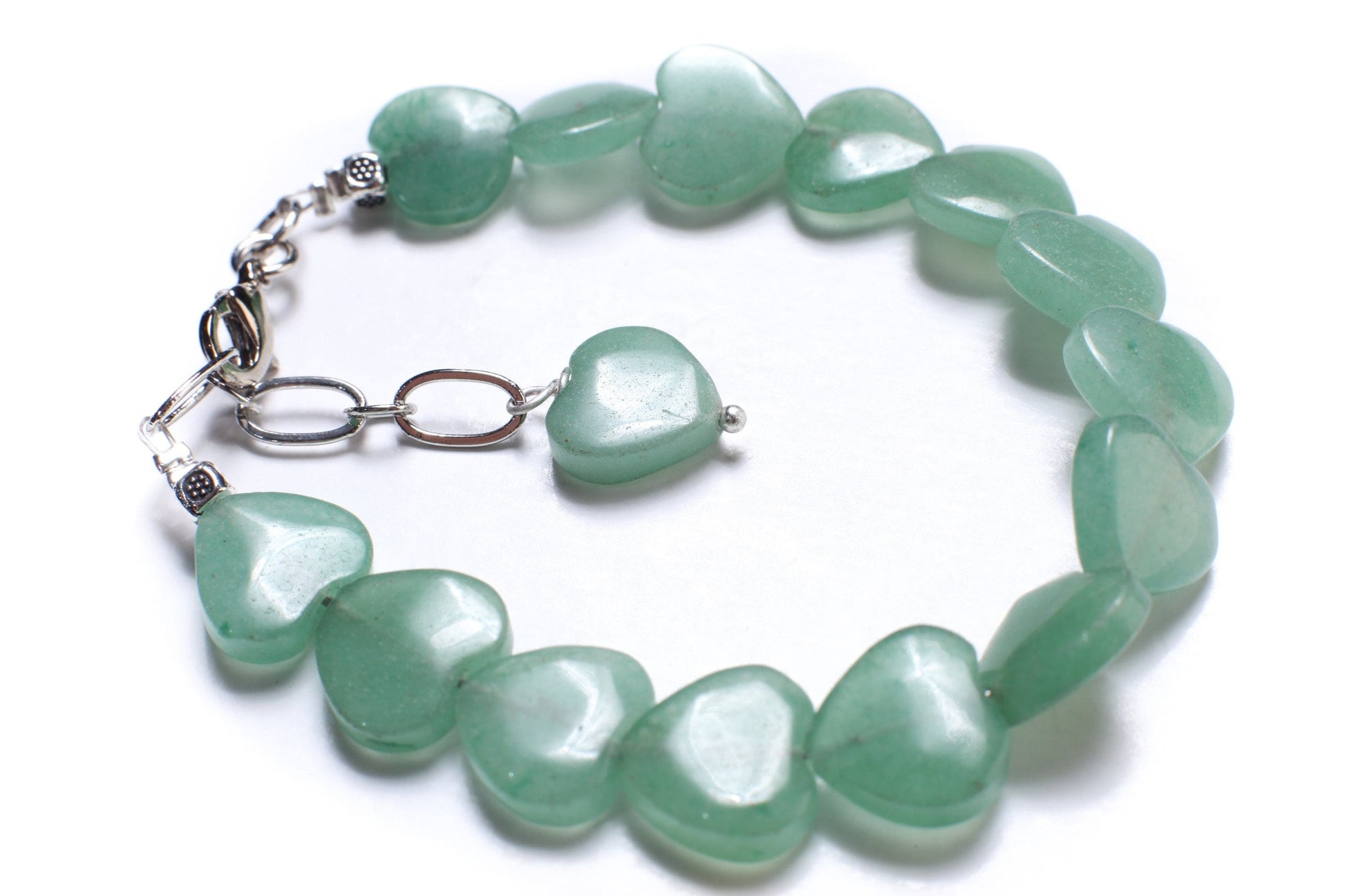 Natural Green Aventurine 12mm Heart Bracelet with 1&quot; extension, Rhodium Silver, Aventurine Healing Gemstone, Gift for Her