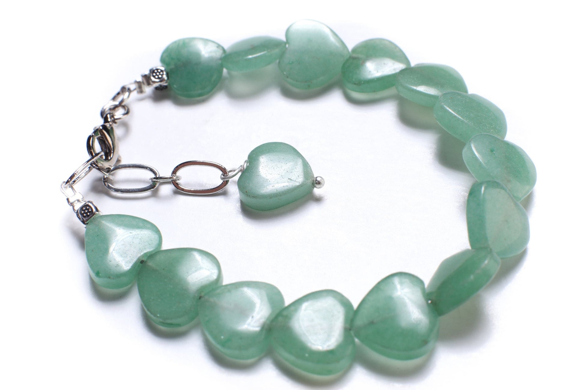 Natural Green Aventurine 12mm Heart Bracelet with 1" extension, Rhodium Silver, Aventurine Healing Gemstone, Gift for Her