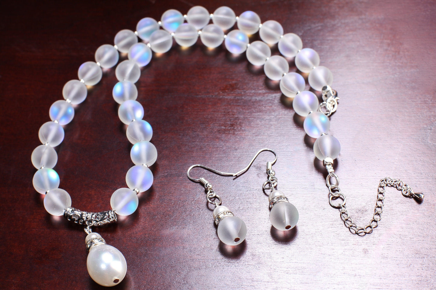 Mermaid Sea Glass 10mm Round with Baroque South Seashell Pearl Briolette Pendant 18.5" Necklace, 3" Extension, Matching Earrings Jewelry Set