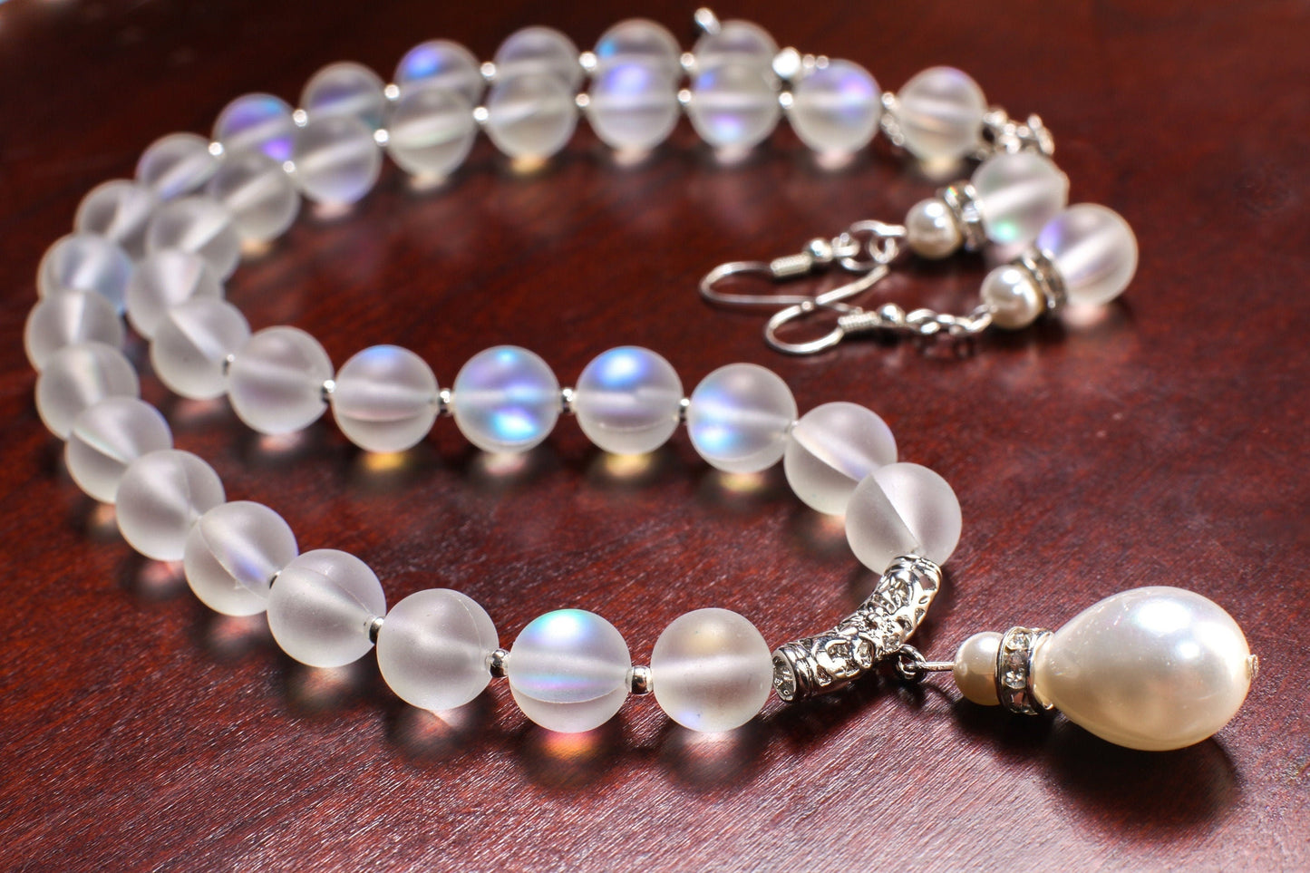 Mermaid Sea Glass 10mm Round with Baroque South Seashell Pearl Briolette Pendant 18.5" Necklace, 3" Extension, Matching Earrings Jewelry Set