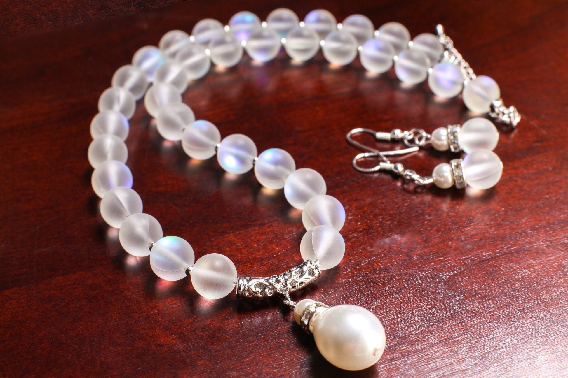 Mermaid Sea Glass 10mm Round with Baroque South Seashell Pearl Briolette Pendant 18.5" Necklace, 3" Extension, Matching Earrings Jewelry Set