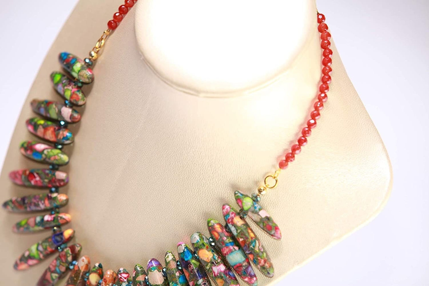 Multi Color Graduated Impression Jasper 28-45mm spike Necklace, 4mm Faceted Carnelian, Gold, Boho Statement Bib Necklace 18"+2" extension