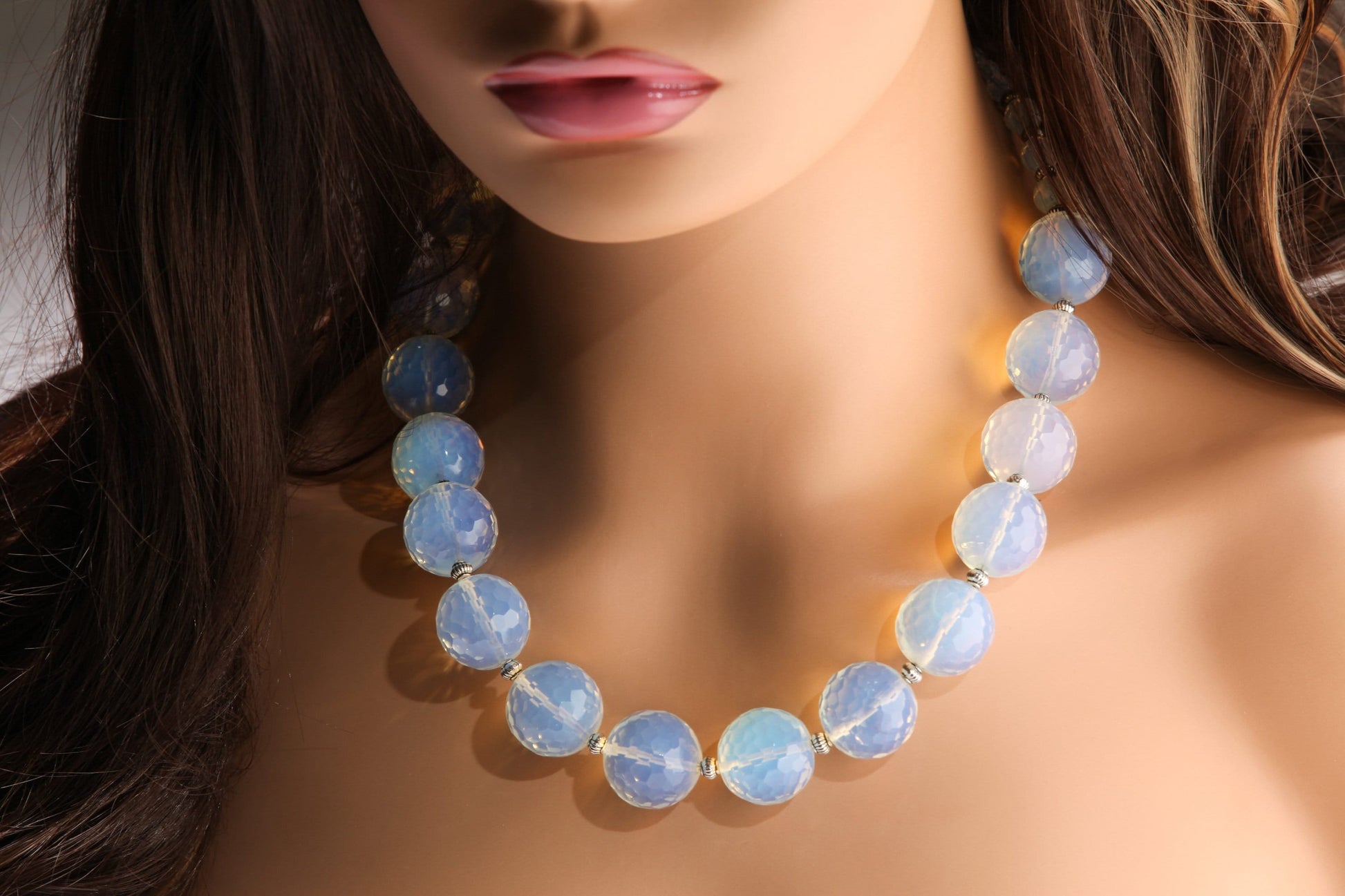 Opalite 18mm Faceted Round AAA quality with 6mm Faceted Opalite and Bali Spacer Beads 21.5" Necklace