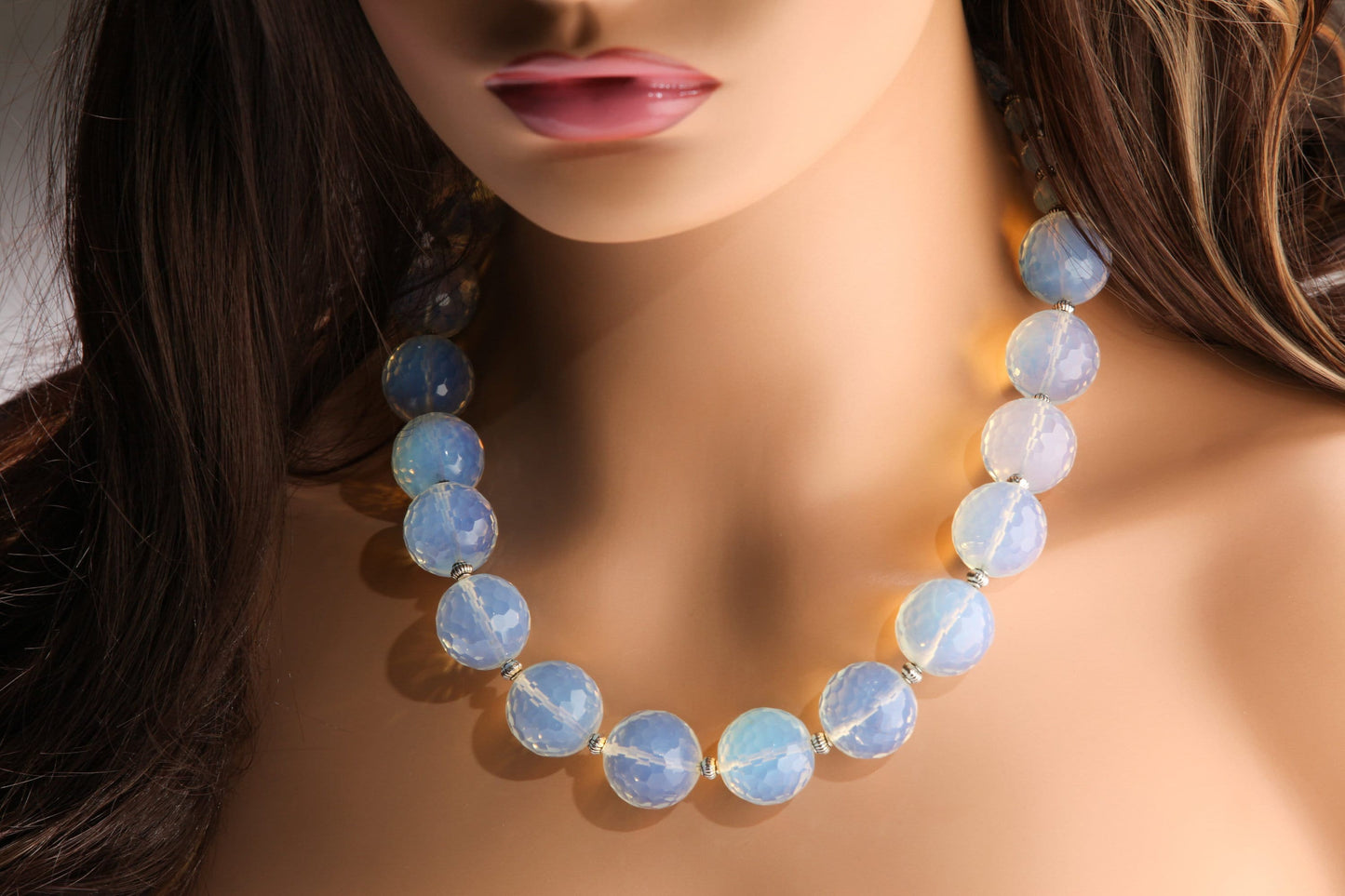 Opalite 18mm Faceted Round AAA quality with 6mm Faceted Opalite and Bali Spacer Beads 21.5&quot; Necklace