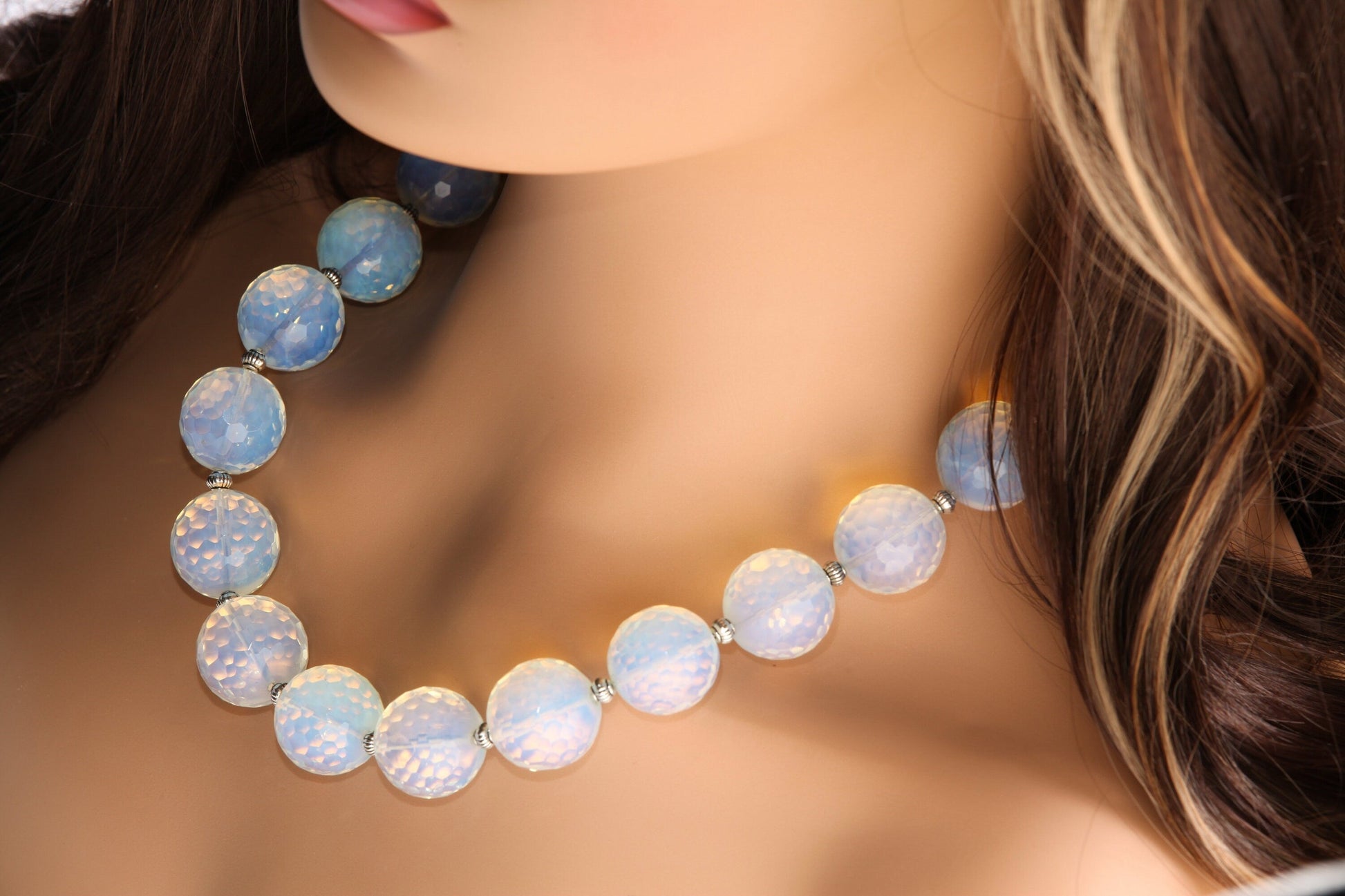 Opalite 18mm Faceted Round AAA quality with 6mm Faceted Opalite and Bali Spacer Beads 21.5&quot; Necklace