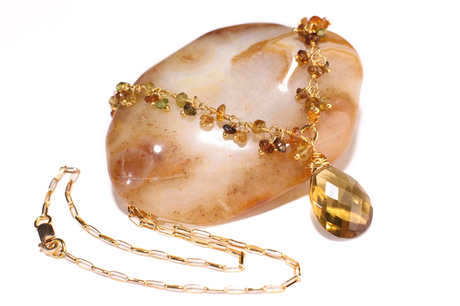 Honey Citrine Teardrop Pendant, Petro Brown Tourmaline Wire Wrapped Necklace, Matching Earrings Jewelry Set in 14k Gold Filled Handmade Gift