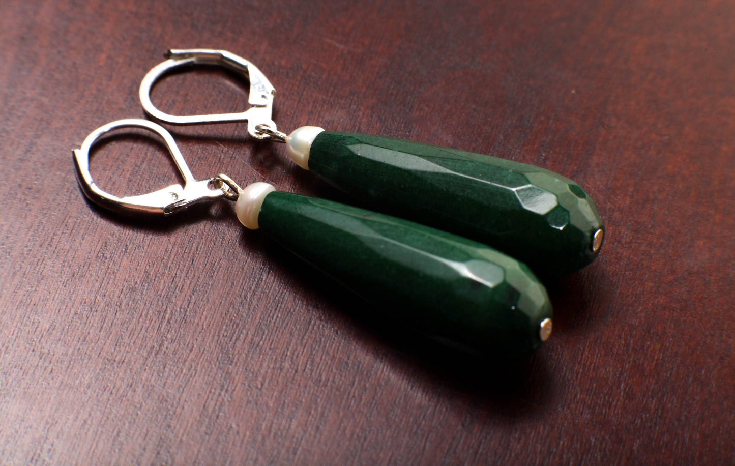 Dark Green Emerald Jade 20×40mm Long Teardrop with Freshwater Button Pearl, Silver or Gold Leverback Earrings, Gift for her