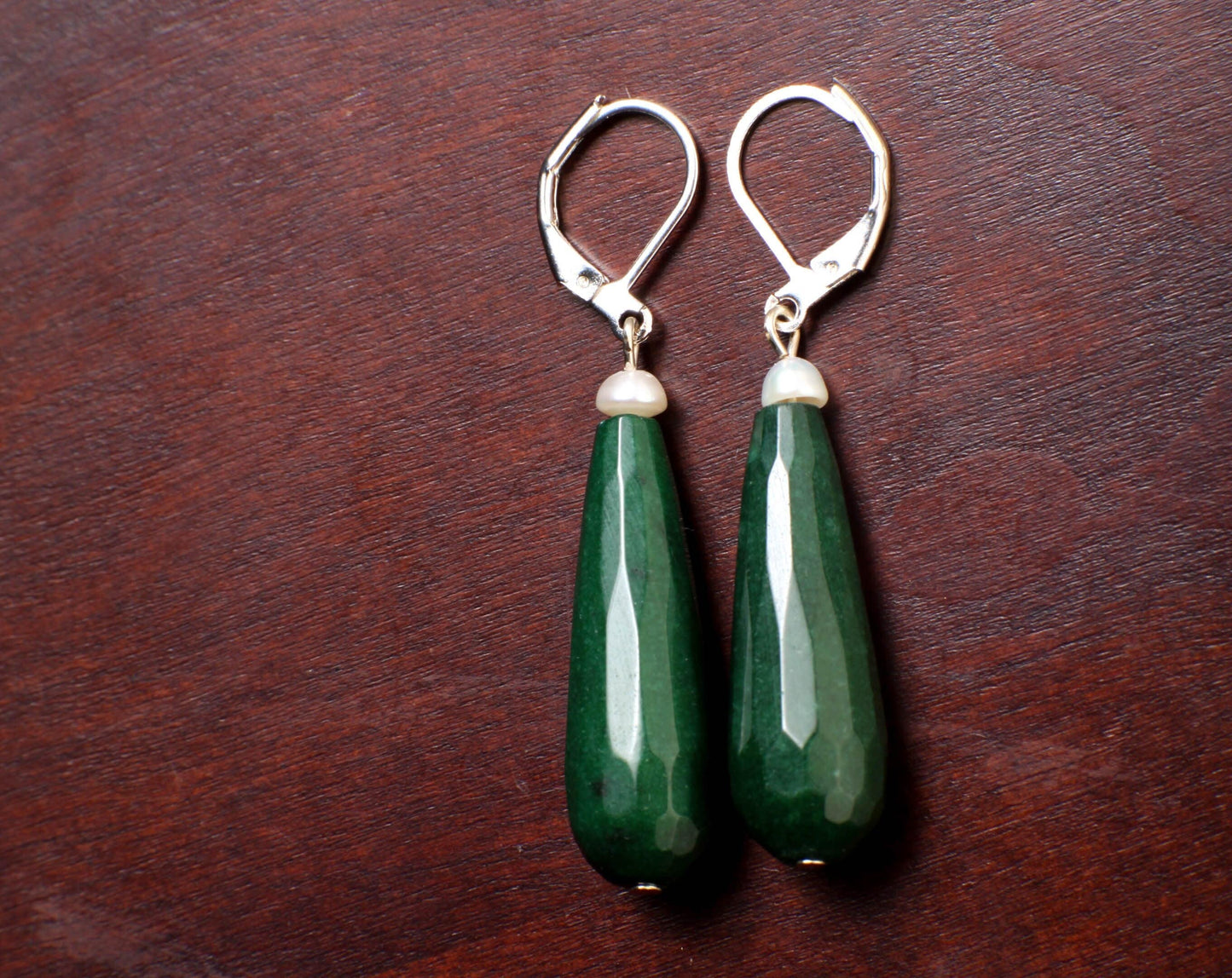 Dark Green Emerald Jade 20×40mm Long Teardrop with Freshwater Button Pearl, Silver or Gold Leverback Earrings, Gift for her