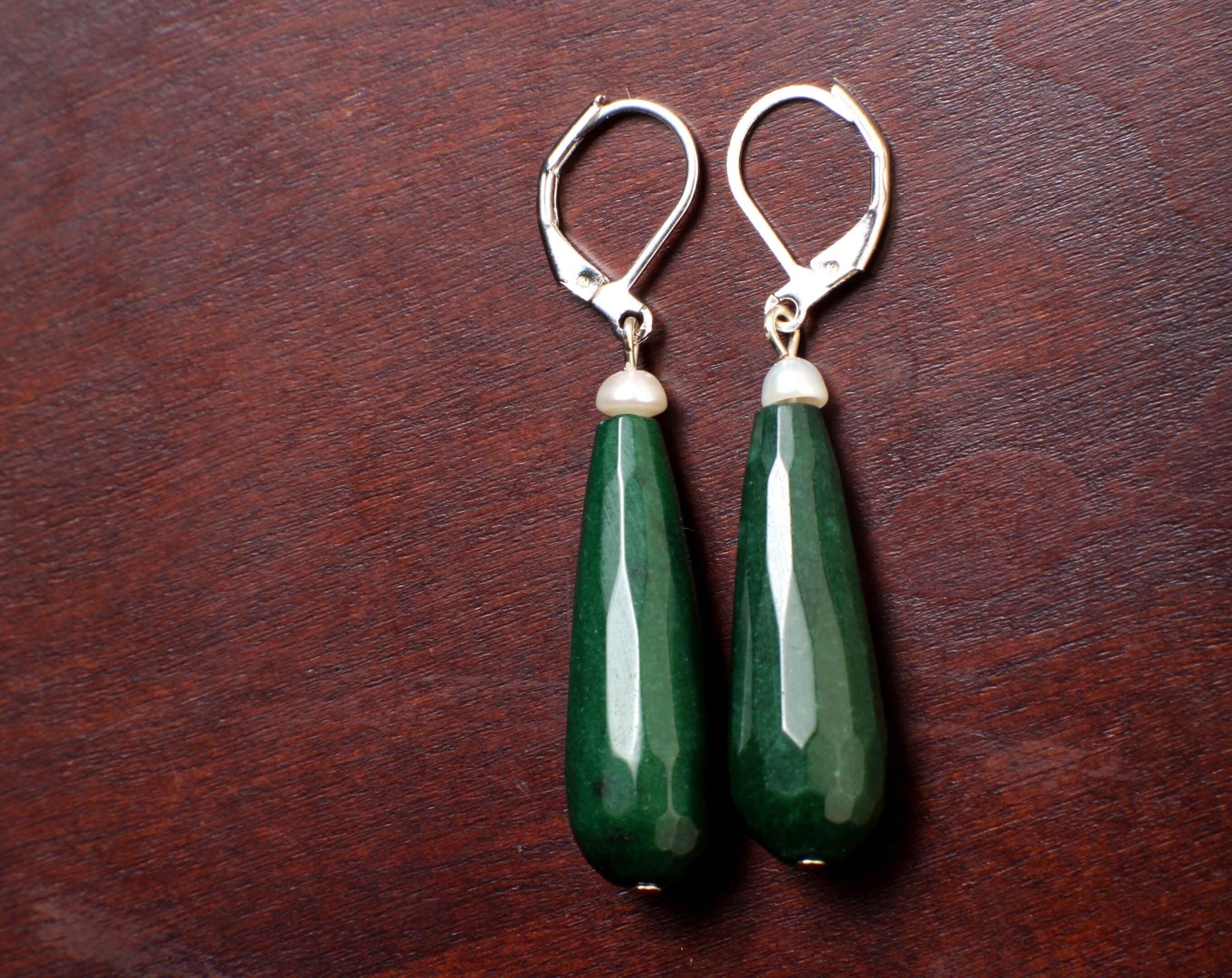Dark Green Emerald Jade 20×40mm Long Teardrop with Freshwater Button Pearl, Silver or Gold Leverback Earrings, Gift for her