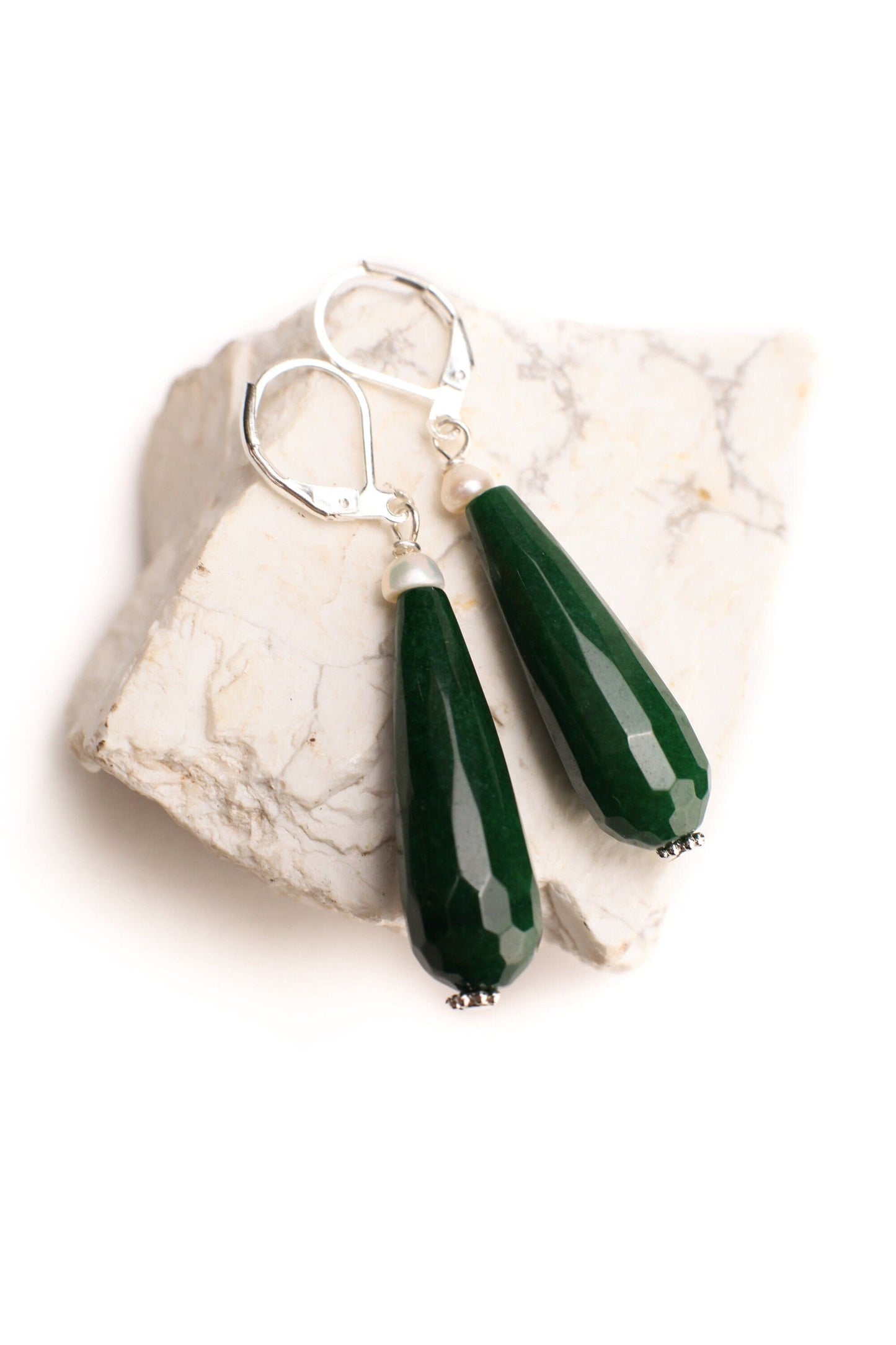 Dark Green Emerald Jade 20×40mm Long Teardrop with Freshwater Button Pearl, Silver or Gold Leverback Earrings, Gift for her