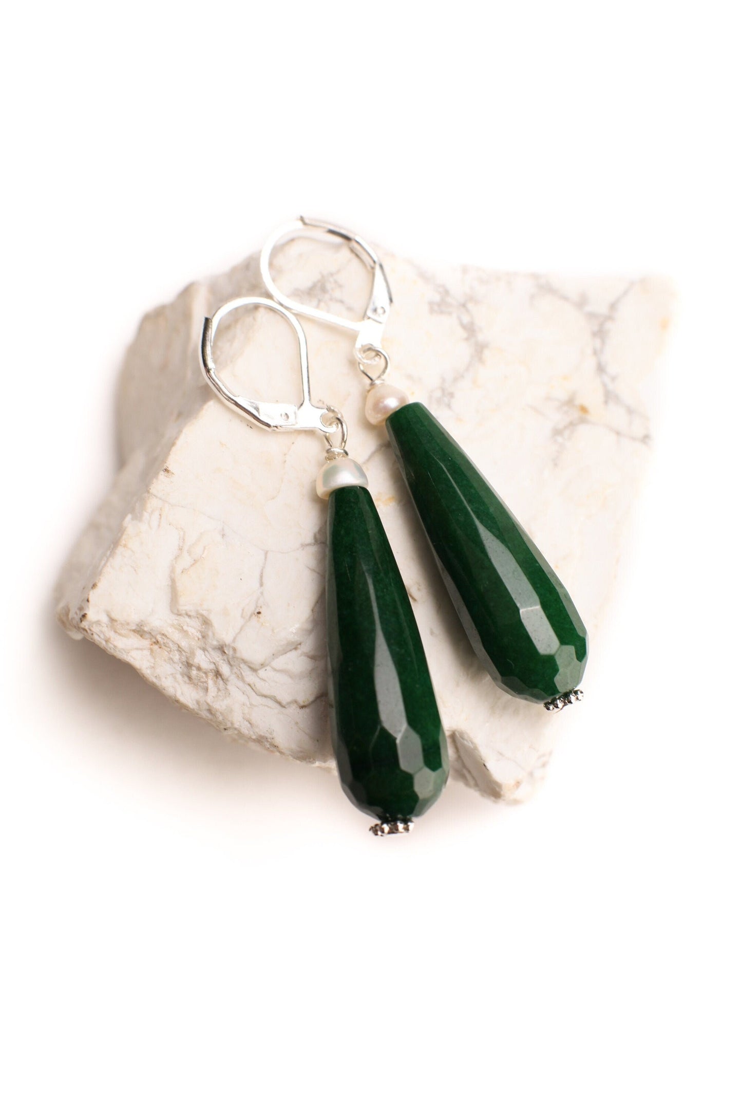Dark Green Emerald Jade 20×40mm Long Teardrop with Freshwater Button Pearl, Silver or Gold Leverback Earrings, Gift for her