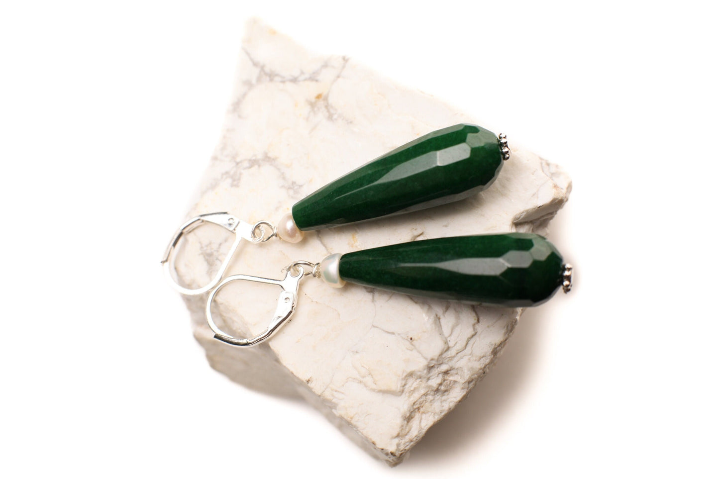Dark Green Emerald Jade 20×40mm Long Teardrop with Freshwater Button Pearl, Silver or Gold Leverback Earrings, Gift for her