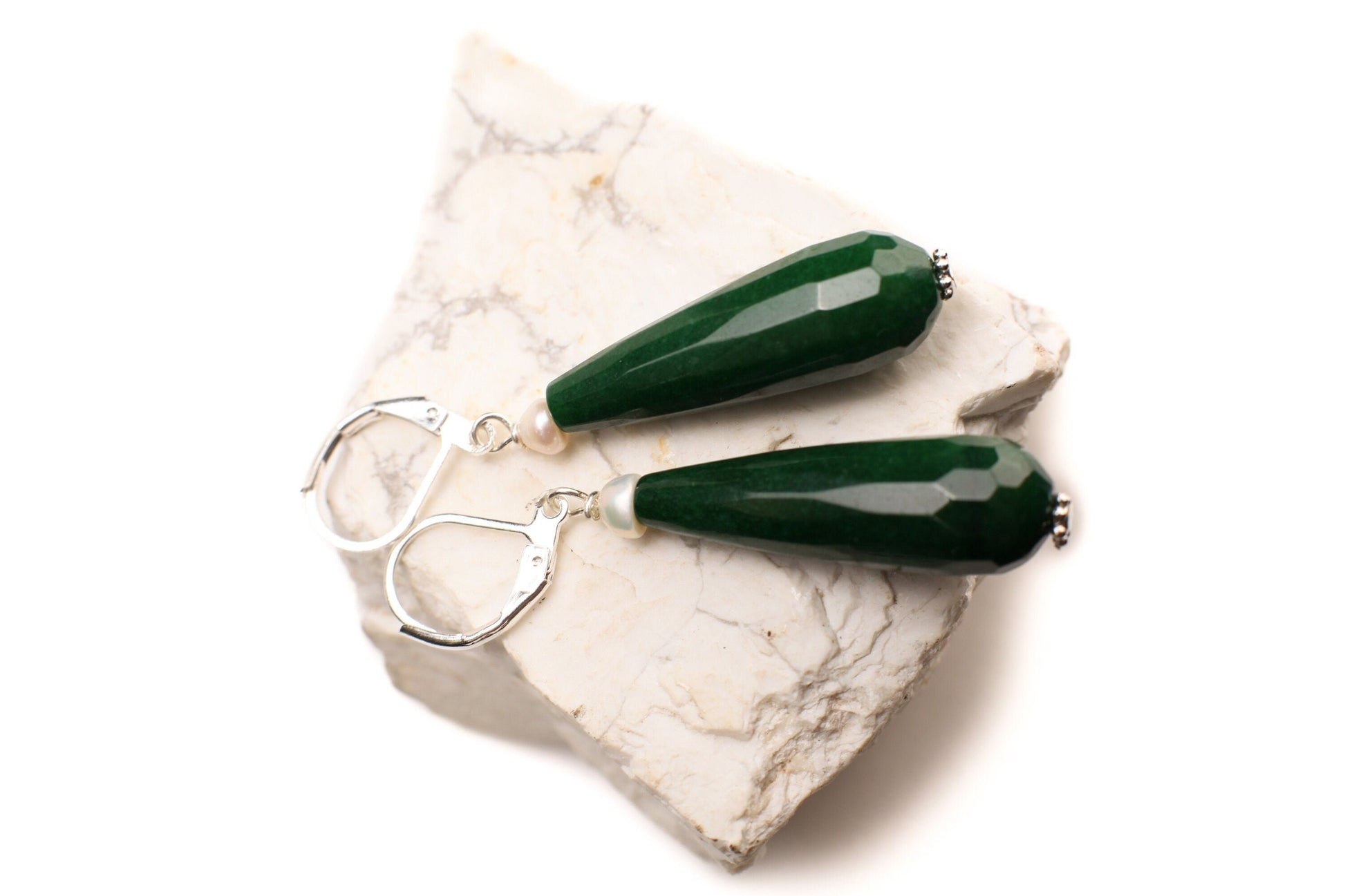 Dark Green Emerald Jade 20×40mm Long Teardrop with Freshwater Button Pearl, Silver or Gold Leverback Earrings, Gift for her