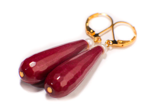 Ruby Jade 20×40mm Long Teardrop with Freshwater Button Pearl, Silver or Gold Leverback Earrings, Gift for her