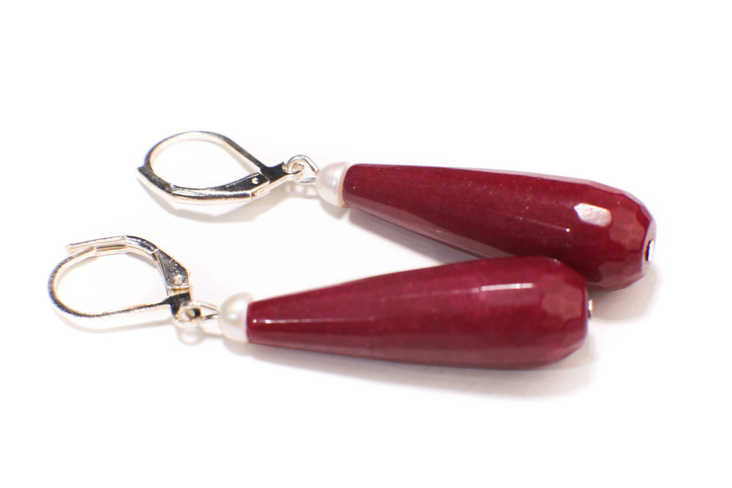 Ruby Jade 20×40mm Long Teardrop with Freshwater Button Pearl, Silver or Gold Leverback Earrings, Gift for her