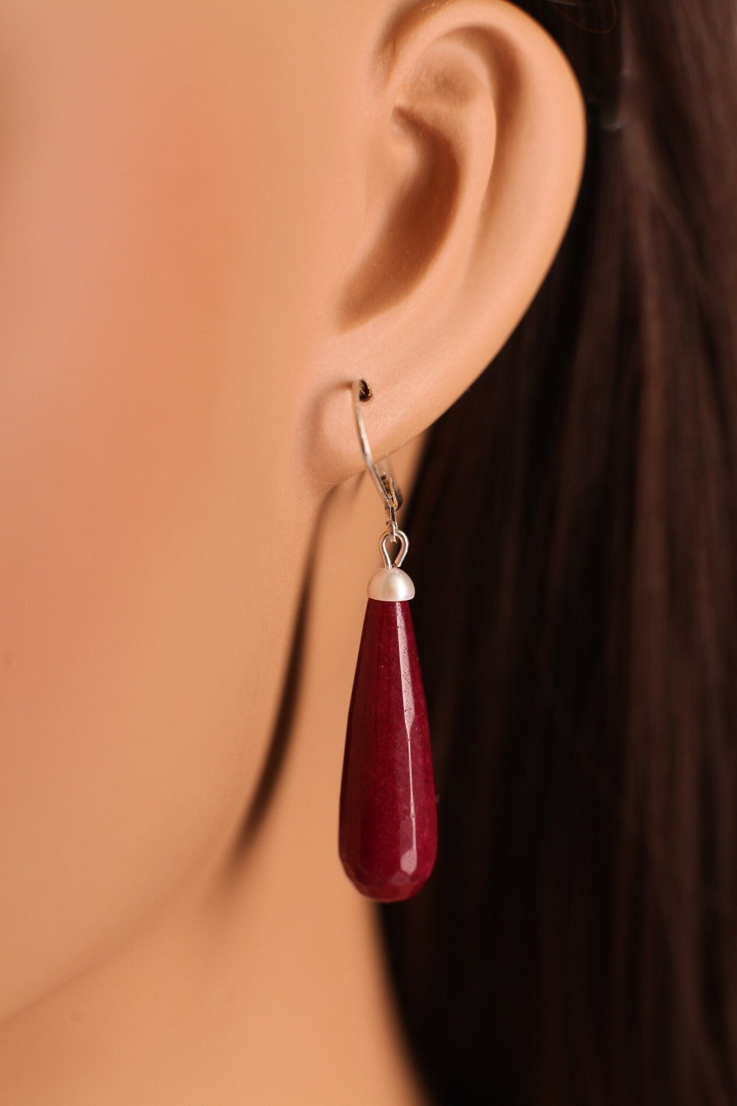 Ruby Jade 20×40mm Long Teardrop with Freshwater Button Pearl, Silver or Gold Leverback Earrings, Gift for her