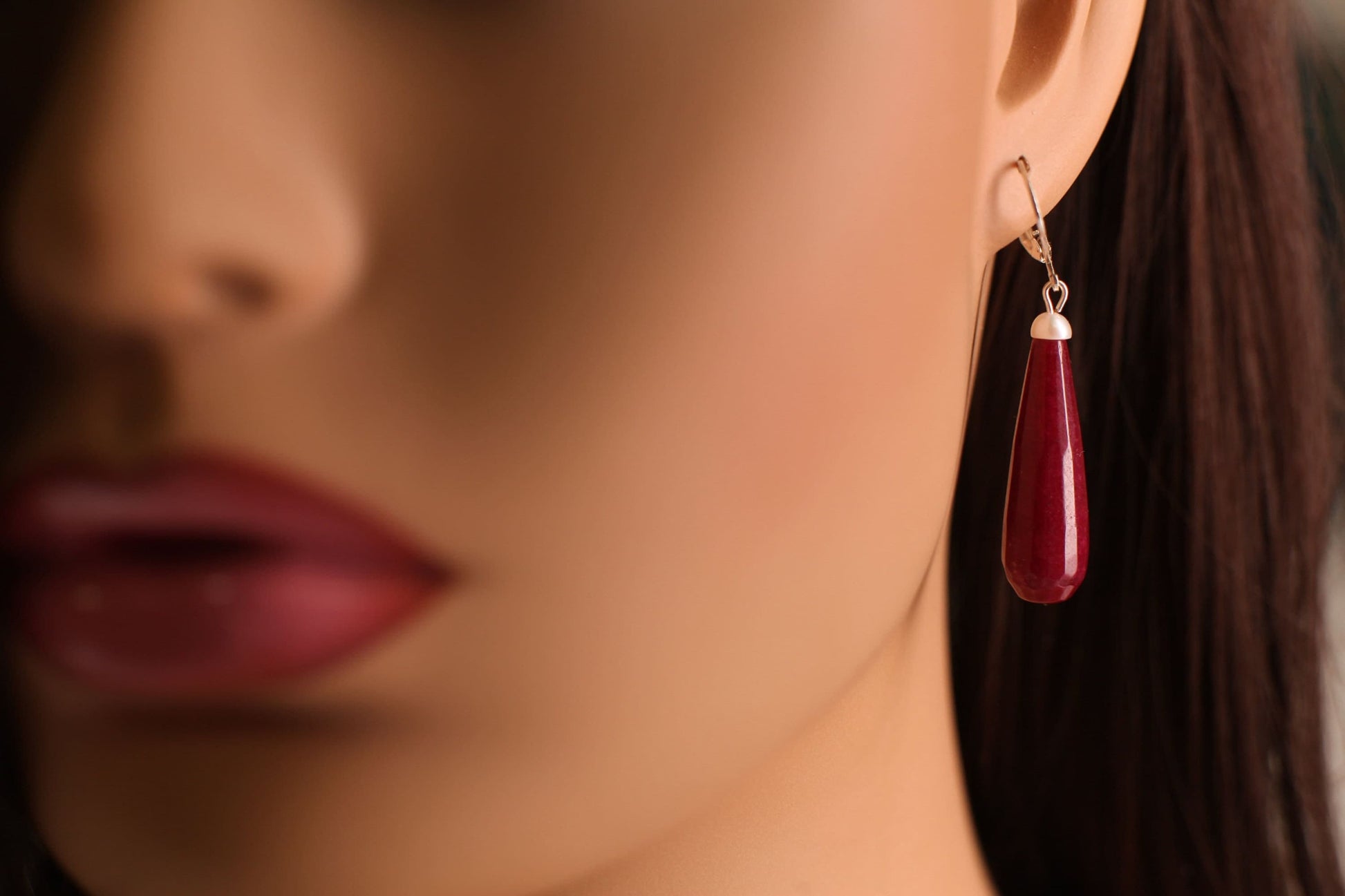 Ruby Jade 20×40mm Long Teardrop with Freshwater Button Pearl, Silver or Gold Leverback Earrings, Gift for her