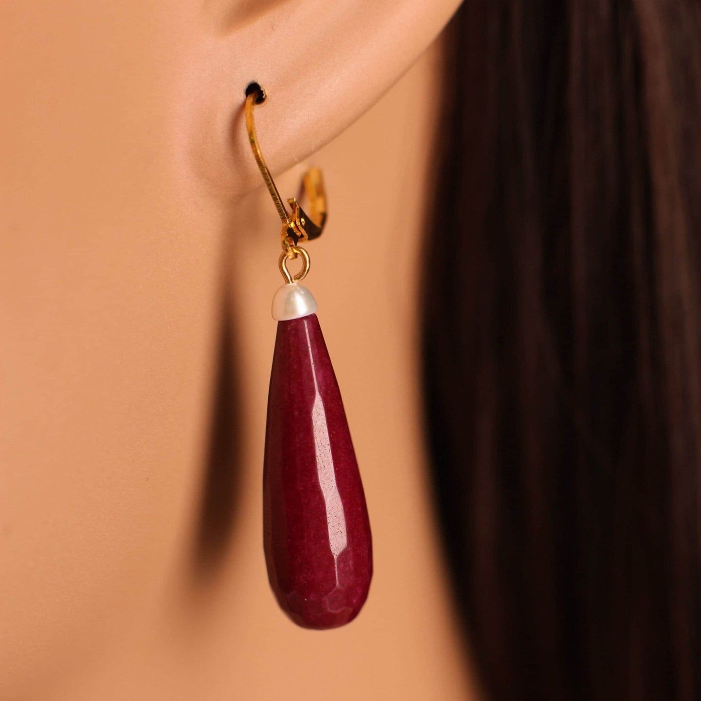 Ruby Jade 20×40mm Long Teardrop with Freshwater Button Pearl, Silver or Gold Leverback Earrings, Gift for her