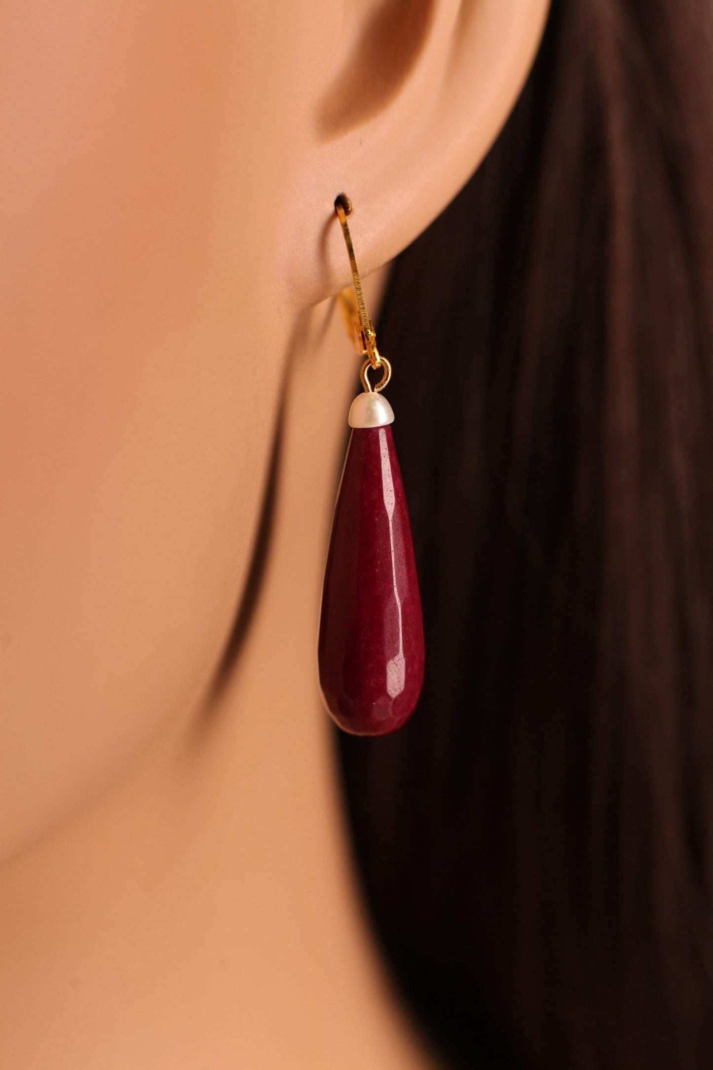 Ruby Jade 20×40mm Long Teardrop with Freshwater Button Pearl, Silver or Gold Leverback Earrings, Gift for her