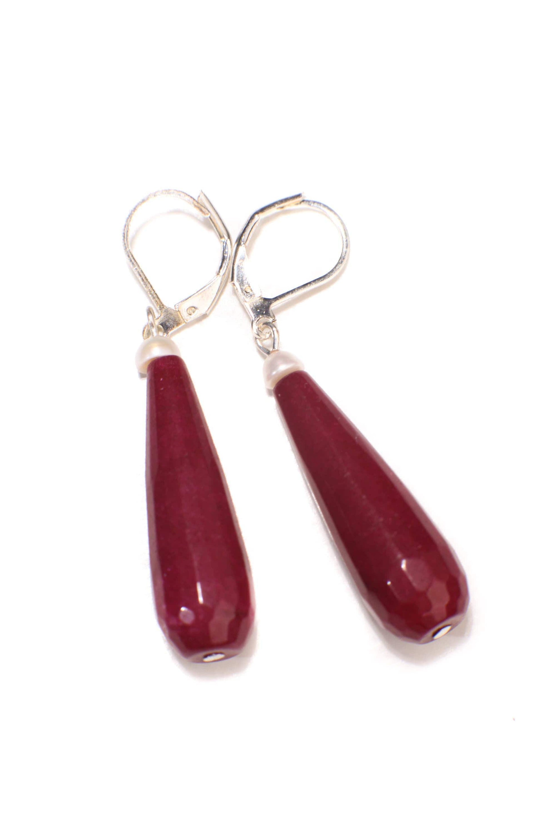 Ruby Jade 20×40mm Long Teardrop with Freshwater Button Pearl, Silver or Gold Leverback Earrings, Gift for her