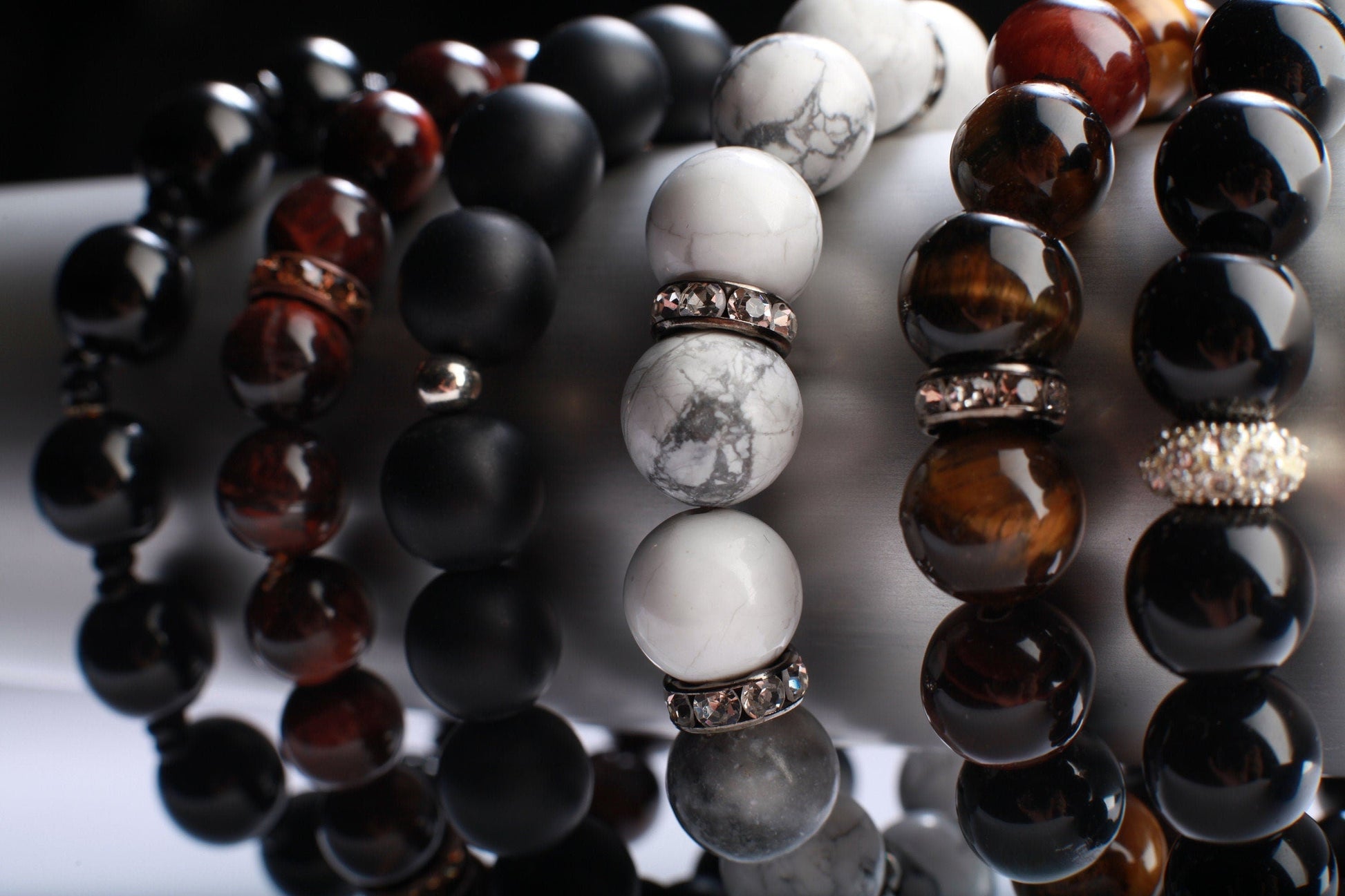 Black Onyx 12mm with Rhinestone spacer, Natural Gemstone, Healing, Yoga, Crystal Chakra Stretch Bracelet 8"