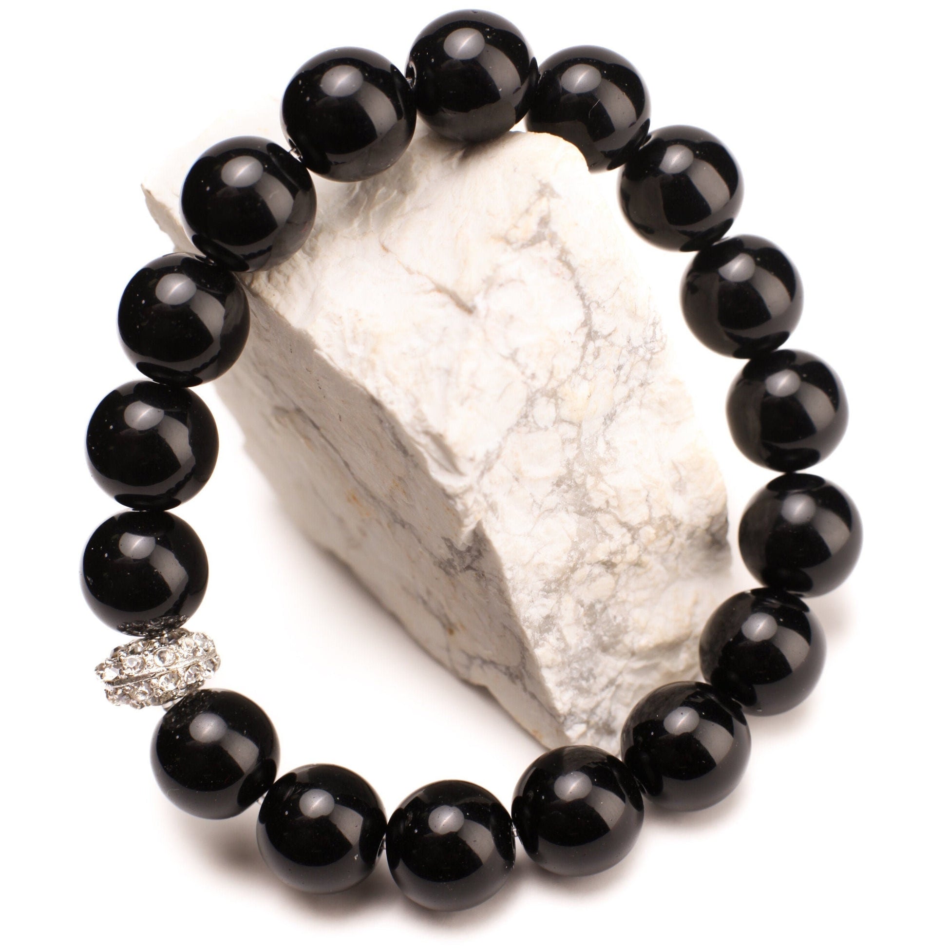 Black Onyx 12mm with Rhinestone spacer, Natural Gemstone, Healing, Yoga, Crystal Chakra Stretch Bracelet 8"