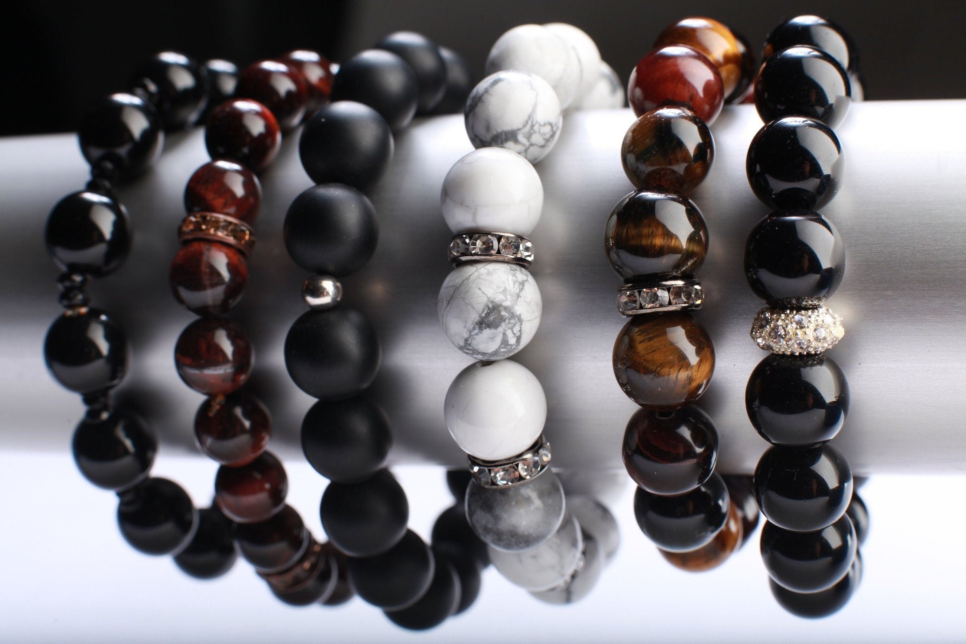 Black Onyx 12mm with Rhinestone spacer, Natural Gemstone, Healing, Yoga, Crystal Chakra Stretch Bracelet 8&quot;