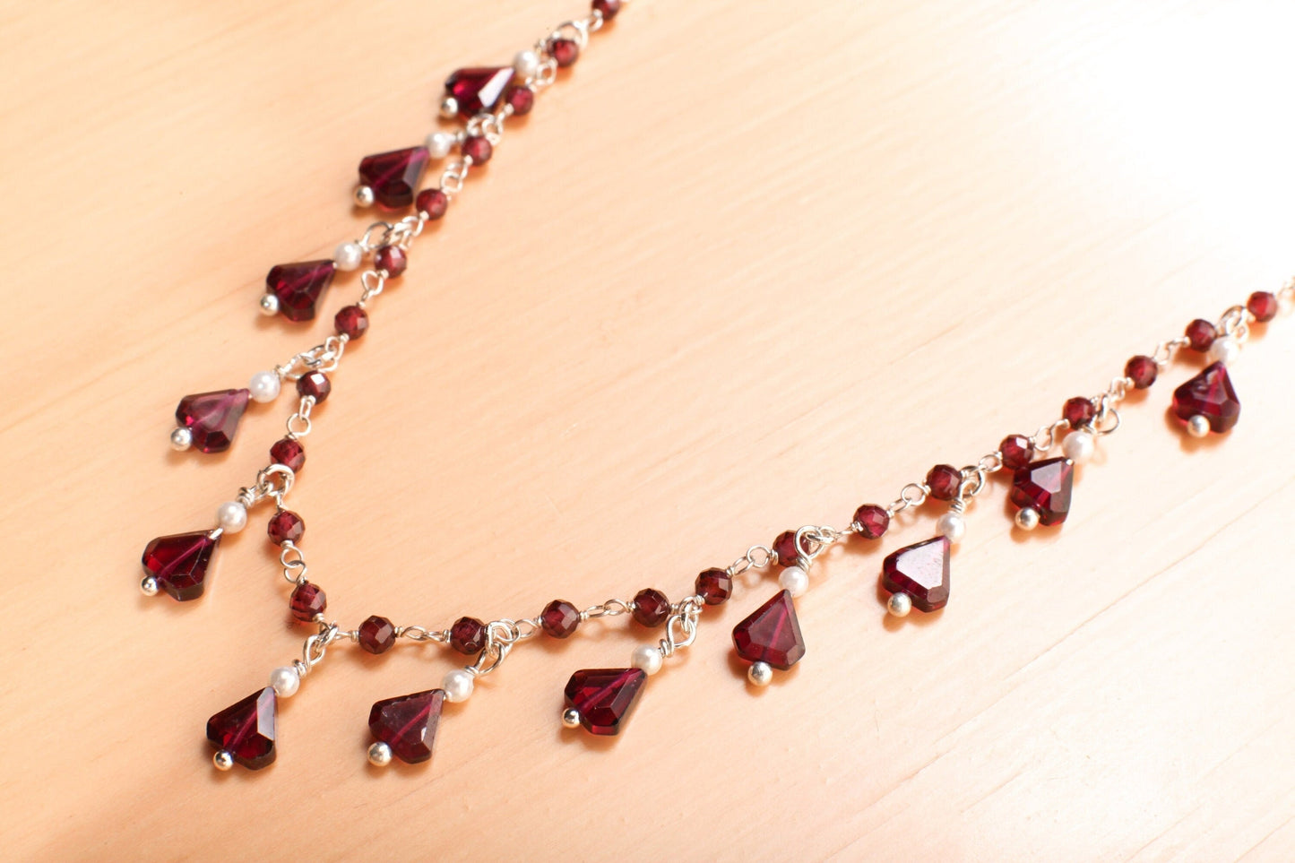 Genuine Garnet Faceted Merlot Red Silver Clusters and Dangling 5x7mm Triangular Garnet Freshwater Pearl 925 Sterling Silver Clasp, Bridal.