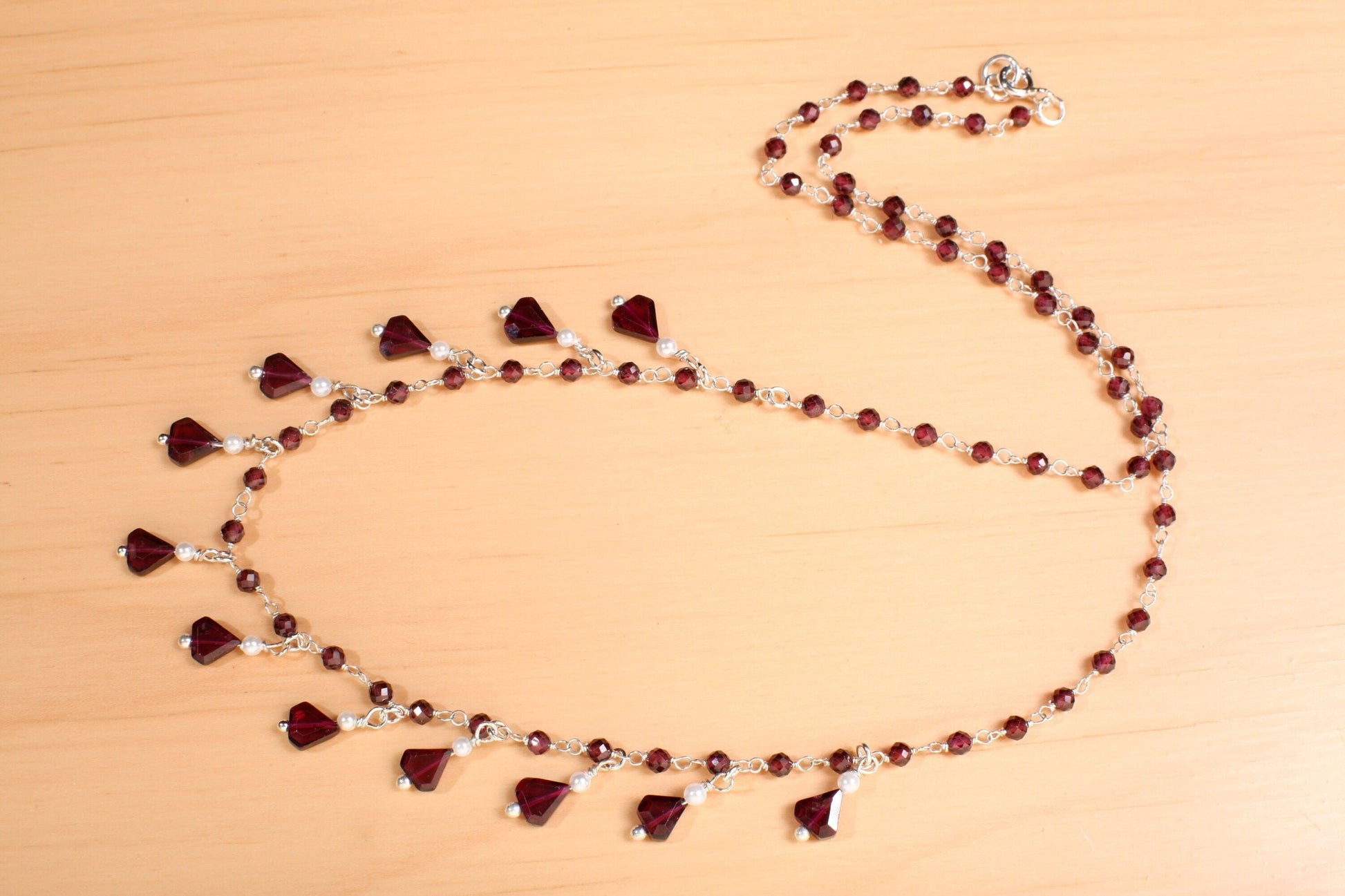 Genuine Garnet Faceted Merlot Red Silver Clusters and Dangling 5x7mm Triangular Garnet Freshwater Pearl 925 Sterling Silver Clasp, Bridal.