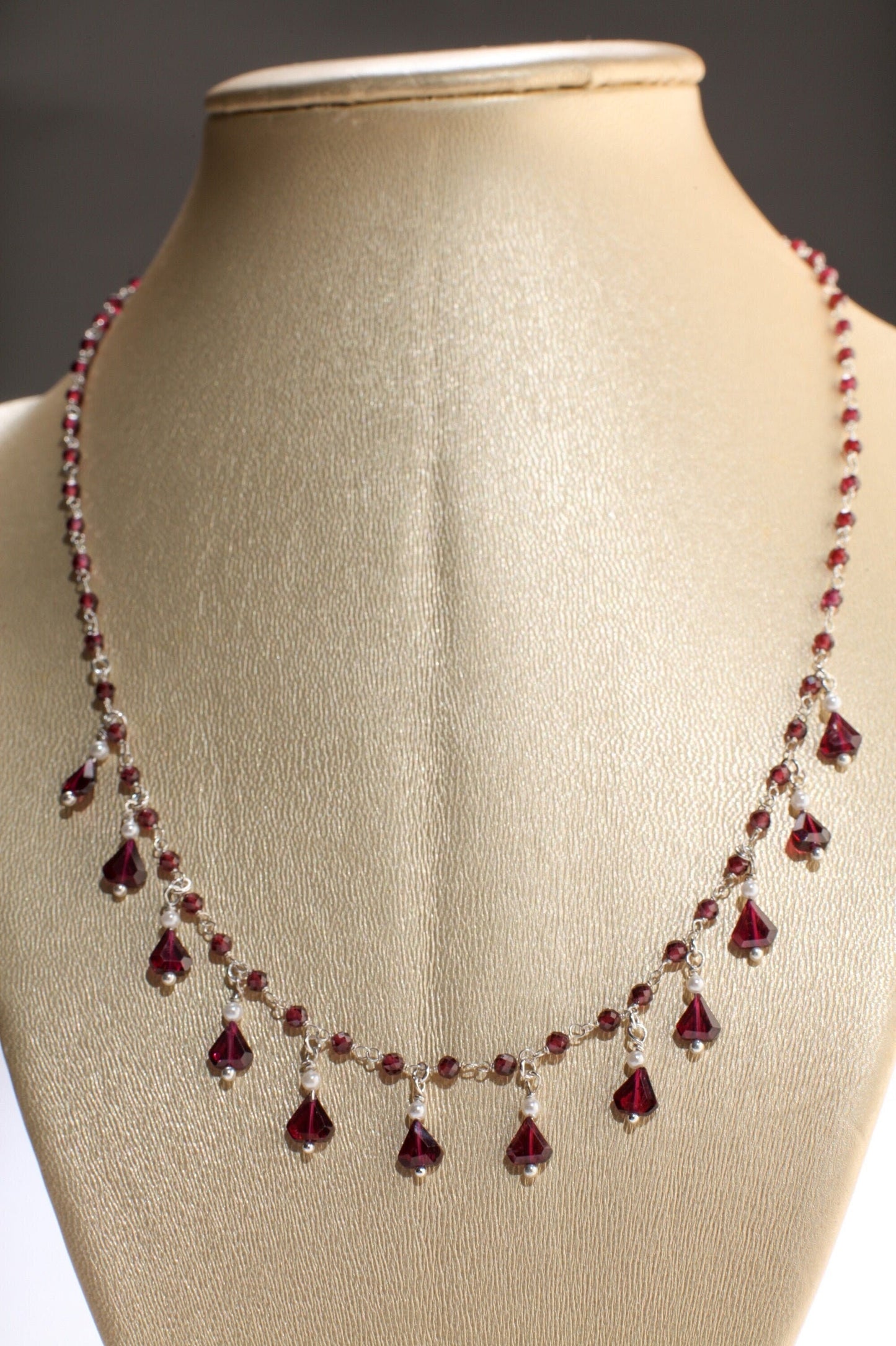 Genuine Garnet Faceted Merlot Red Silver Clusters and Dangling 5x7mm Triangular Garnet Freshwater Pearl 925 Sterling Silver Clasp, Bridal.