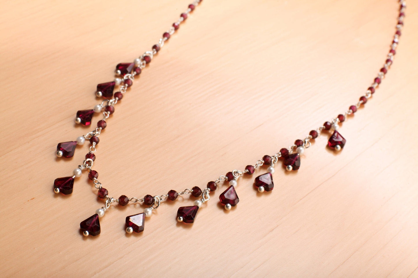 Genuine Garnet Faceted Merlot Red Silver Clusters and Dangling 5x7mm Triangular Garnet Freshwater Pearl 925 Sterling Silver Clasp, Bridal.