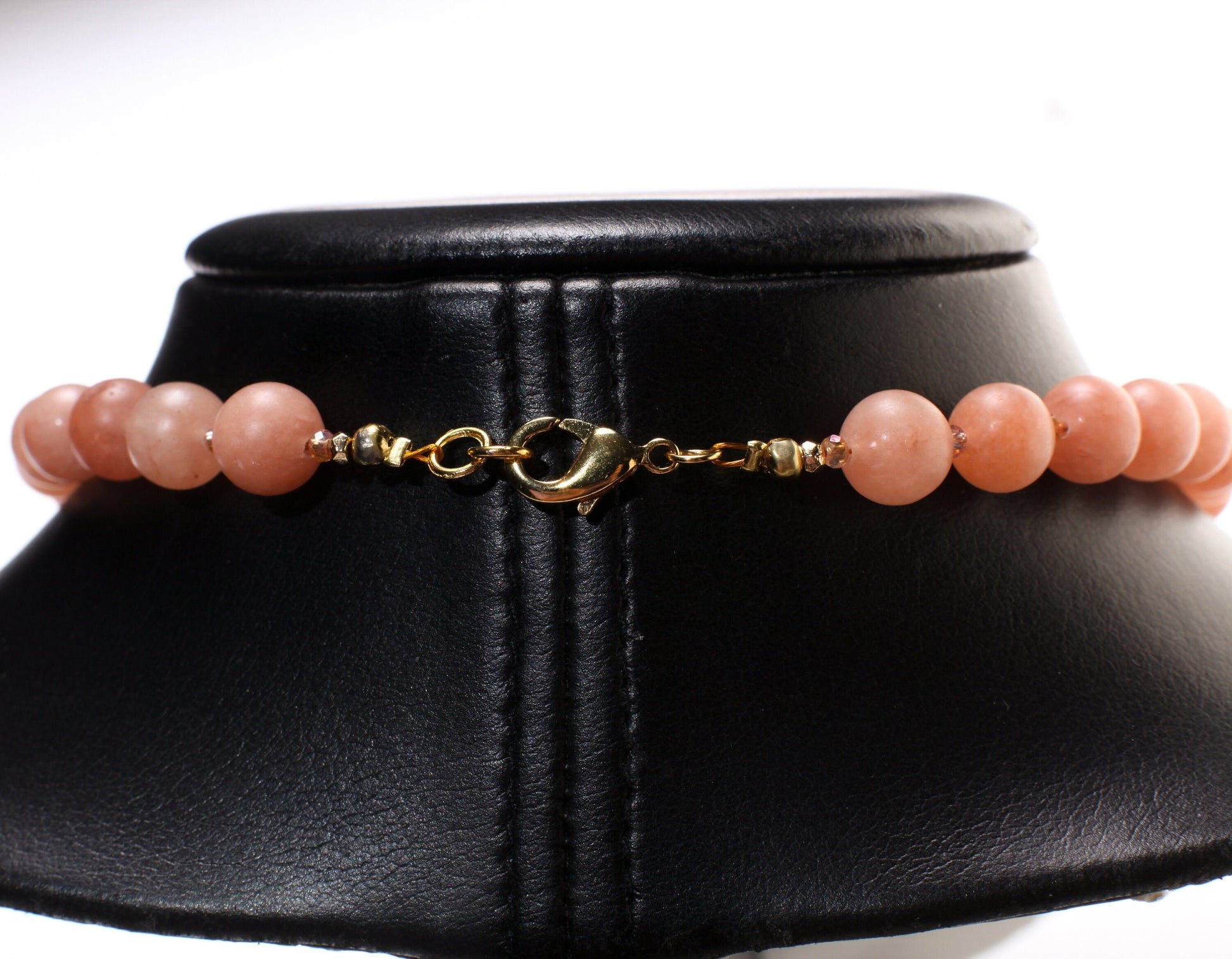 Peach Aventurine Matte 10mm Round Necklace with Salmon Crystal Spacer Beads 18&quot; Gold Necklace