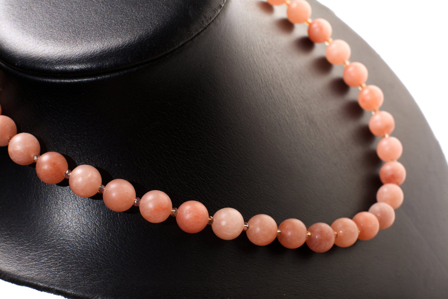 Peach Aventurine Matte 10mm Round Necklace with Salmon Crystal Spacer Beads 18&quot; Gold Necklace