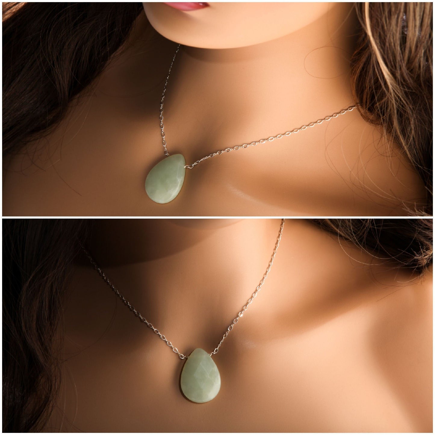 Natural Gemstones Faceted Pear Drop 22x30mm, Aqua Chalcedony,Rose Quartz, Chalcedony, Nephrite Jade, Aventurine in 925 Sterling Silver Chain