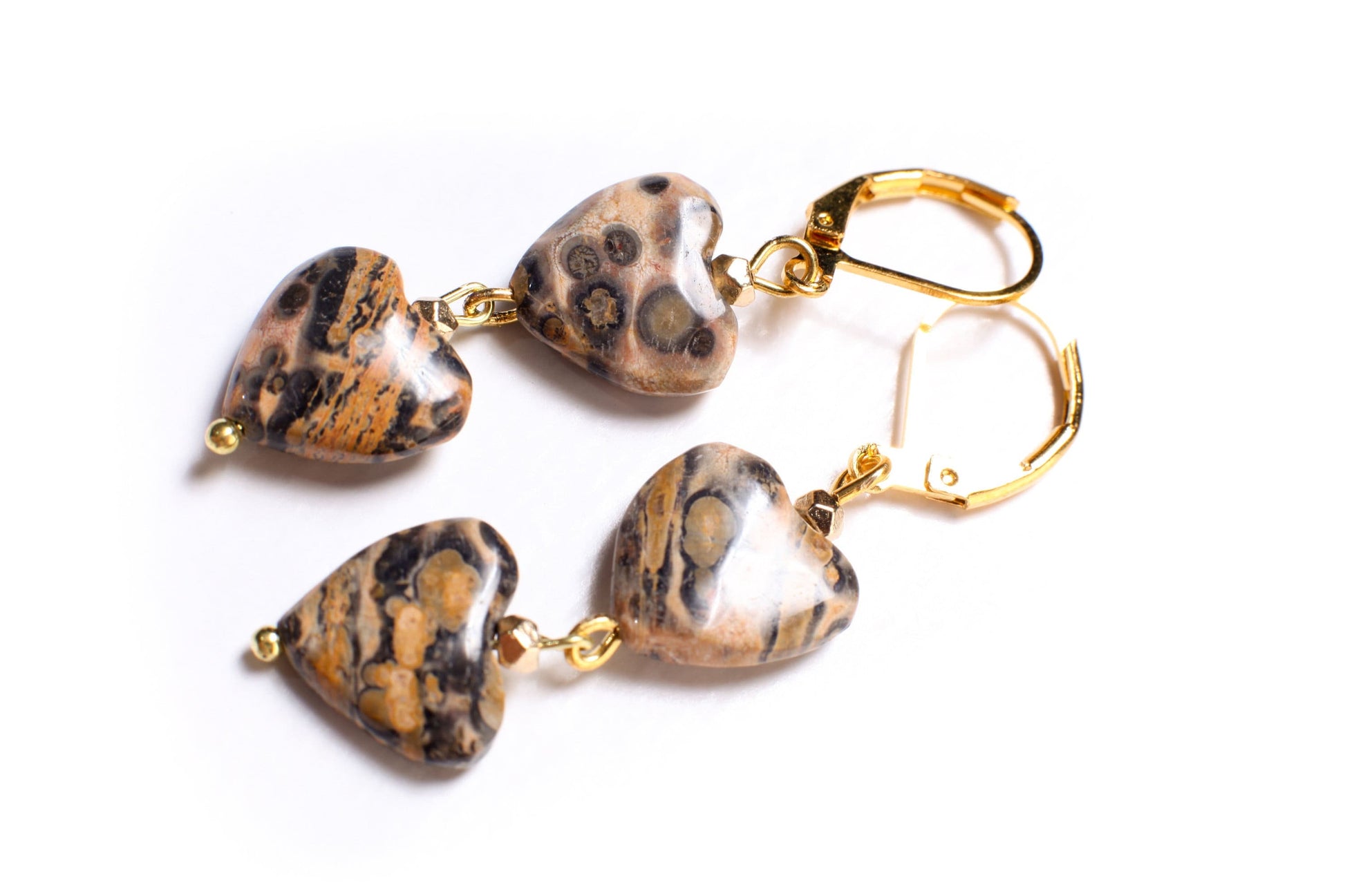 Leopard Skin Jasper 12mm Dangle Hearts, Gold Earrings, Vintage Natural Gemstone Handmade Gift For Her