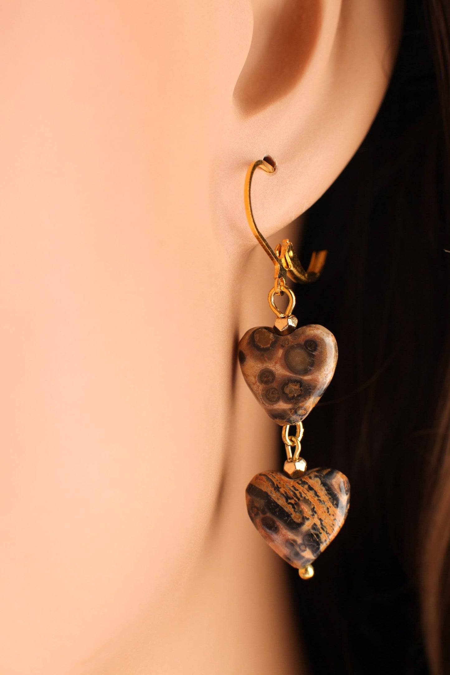 Leopard Skin Jasper 12mm Dangle Hearts, Gold Earrings, Vintage Natural Gemstone Handmade Gift For Her
