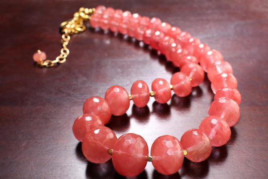 Watermelon Quartz Graduated faceted large 10-20mm Rondelle, Accents with Gold Faceted Spacer Beads 18.5&quot; Necklace.Gift