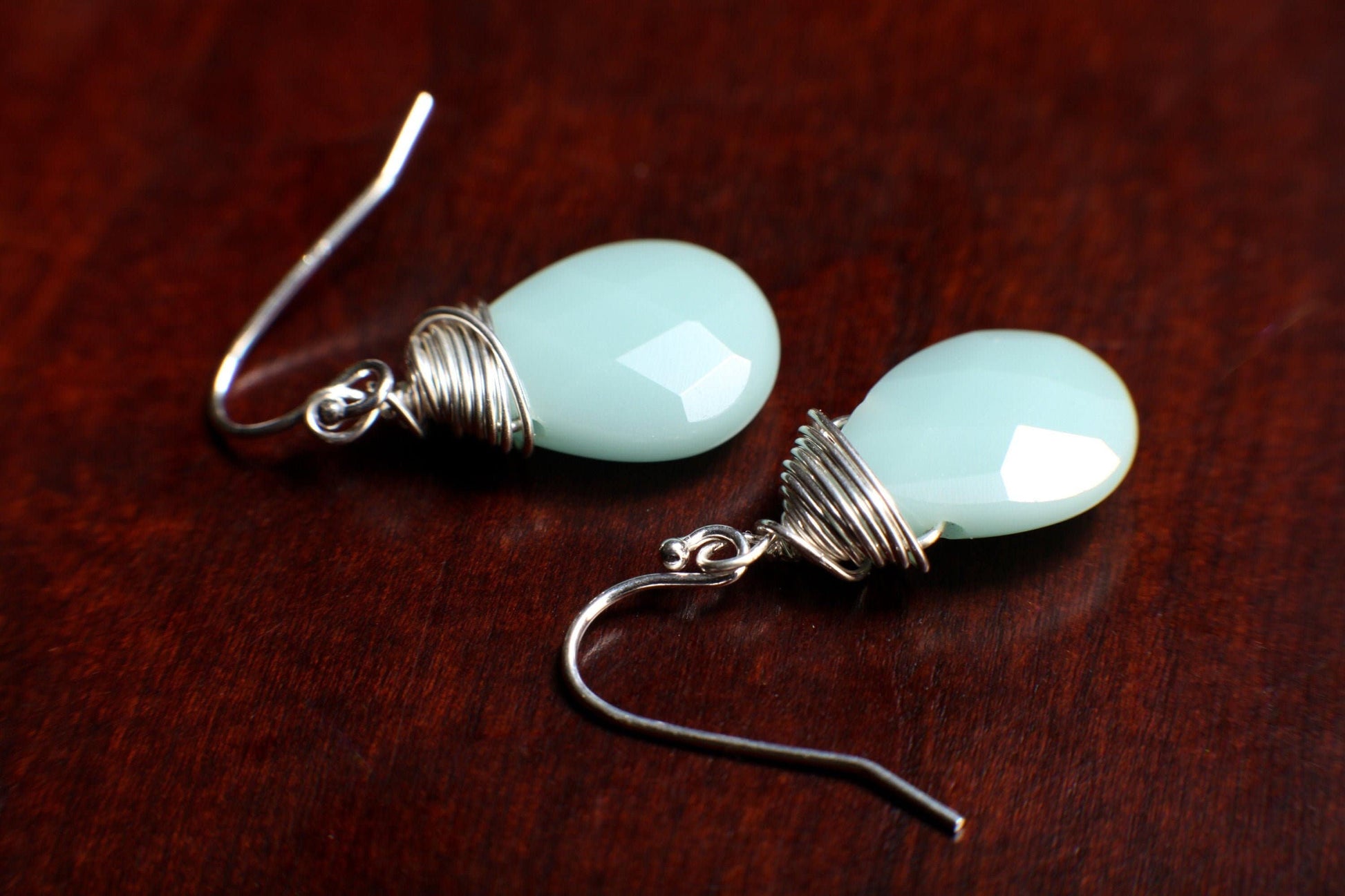 Natural Amazonite Heart Pear 12x16mm Drop Wire Wrapped Earring, Dangling Ammonite in 925 Sterling Silver Ear Wire, Soothing Earring