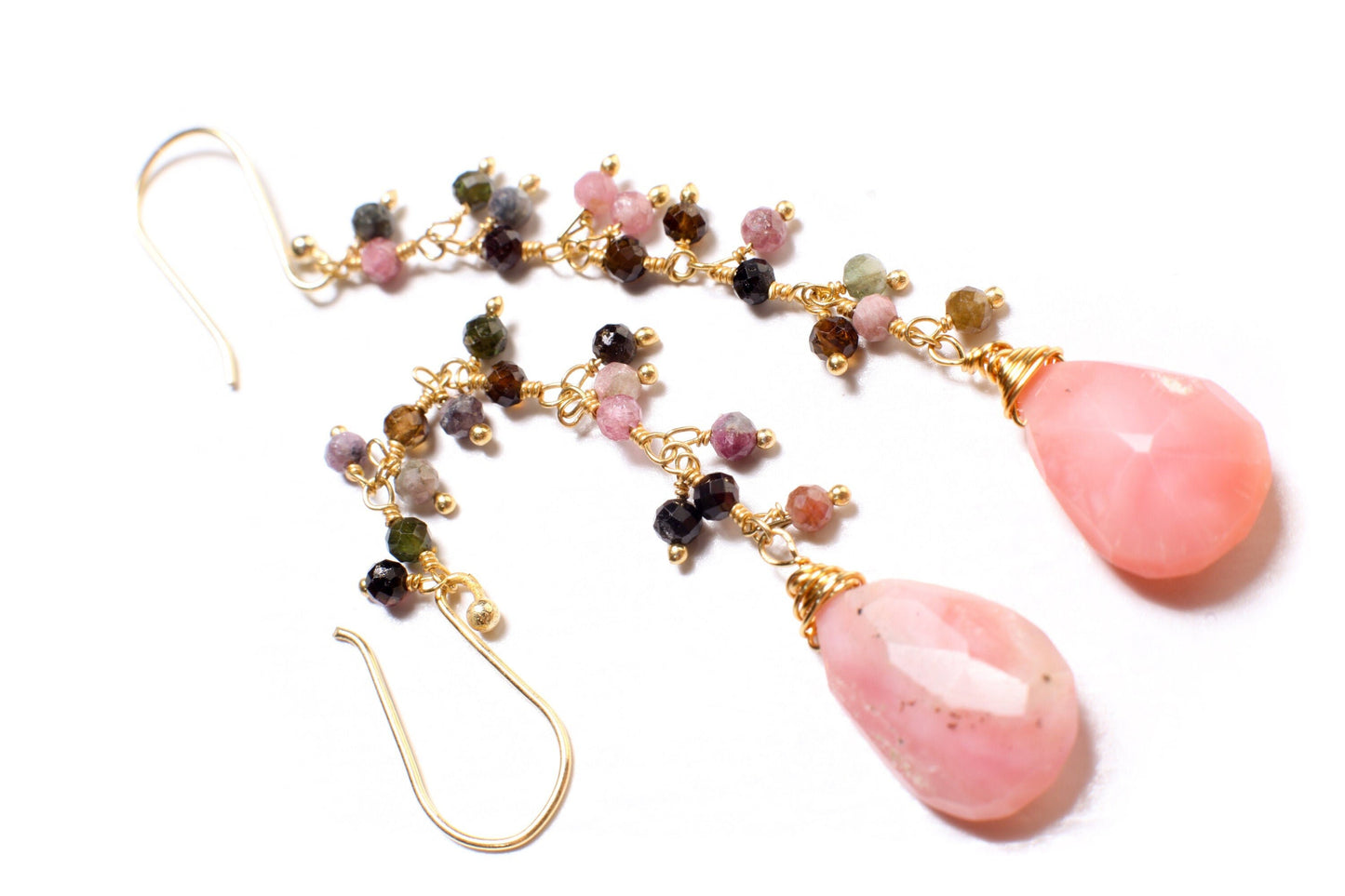 Pink Peruvian Opal Wire Wrapped Teardrop Dangling Earring, Watermelon Tourmaline Cluster Chain in Gold Vermeil Sterling Silver Ear Wire