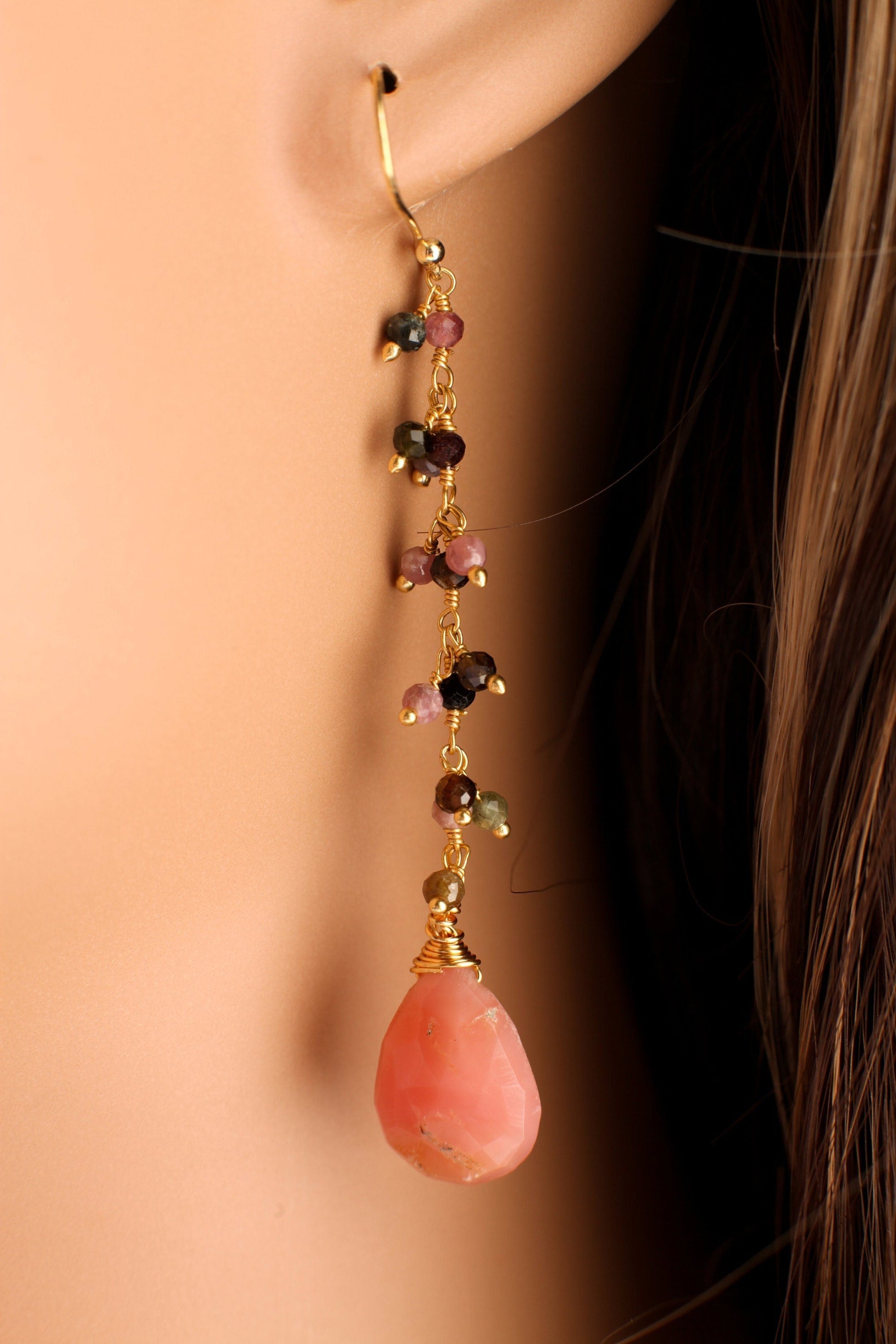 Pink Peruvian Opal Wire Wrapped Teardrop Dangling Earring, Watermelon Tourmaline Cluster Chain in Gold Vermeil Sterling Silver Ear Wire