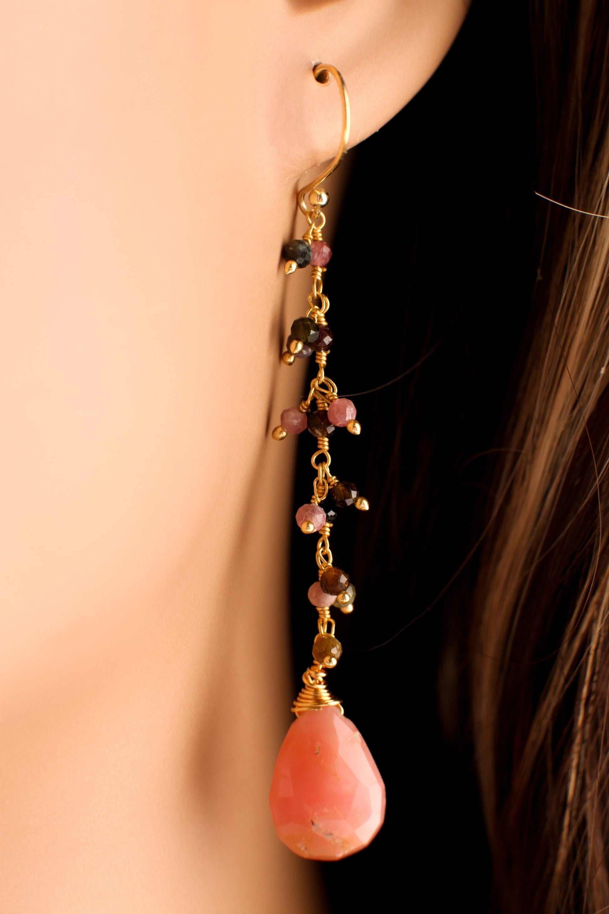 Pink Peruvian Opal Wire Wrapped Teardrop Dangling Earring, Watermelon Tourmaline Cluster Chain in Gold Vermeil Sterling Silver Ear Wire