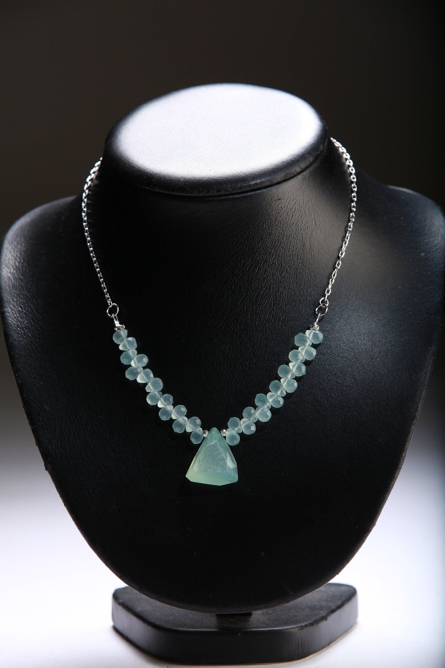 Natural Chalcedony Briolette Faceted Drop Accent with Stunning Chalcedony Raw Druzy Geode Pendant, 17" Rhodium Necklace 2" Extension Chain