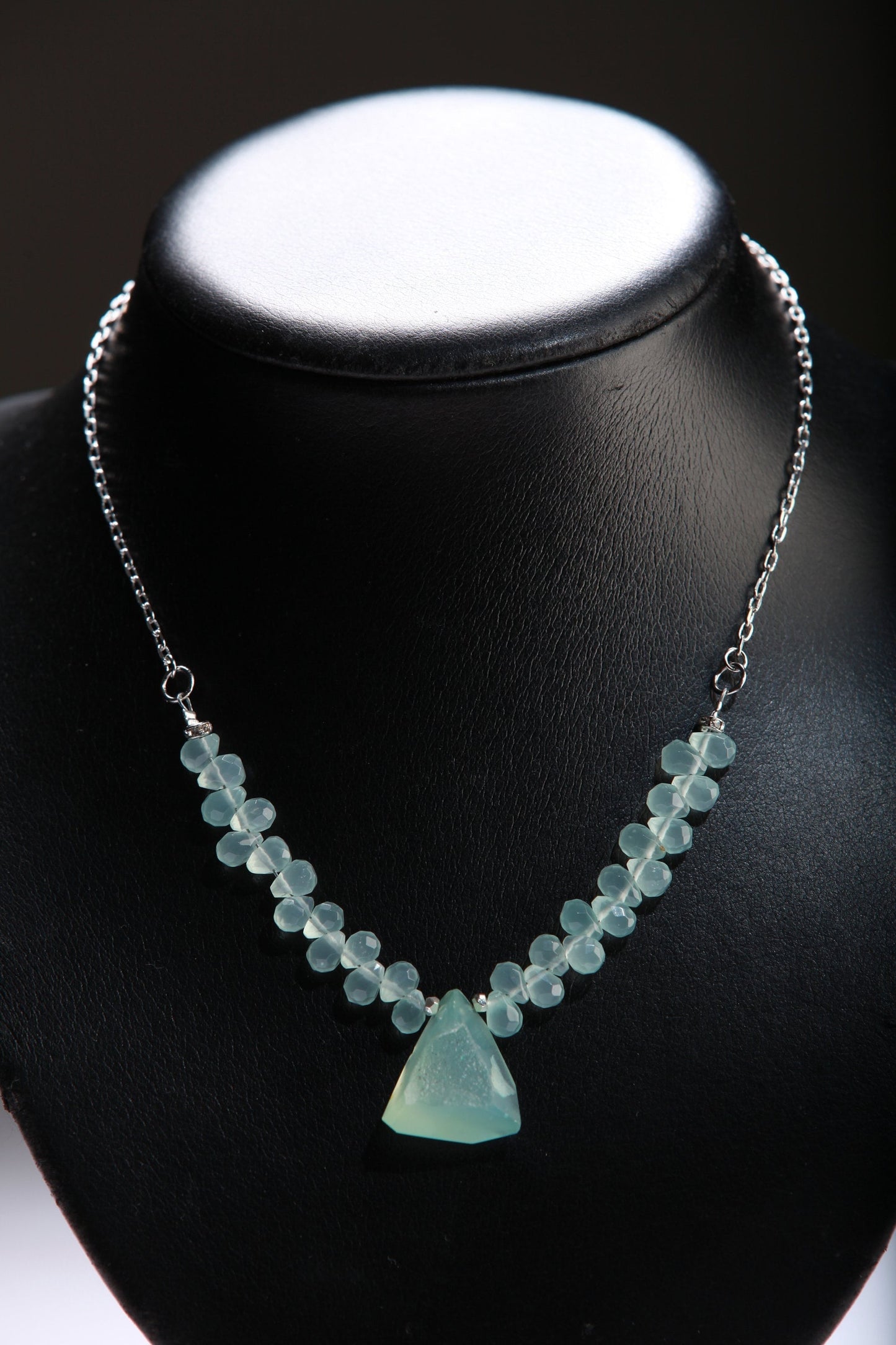 Natural Chalcedony Briolette Faceted Drop Accent with Stunning Chalcedony Raw Druzy Geode Pendant, 17&quot; Rhodium Necklace 2&quot; Extension Chain