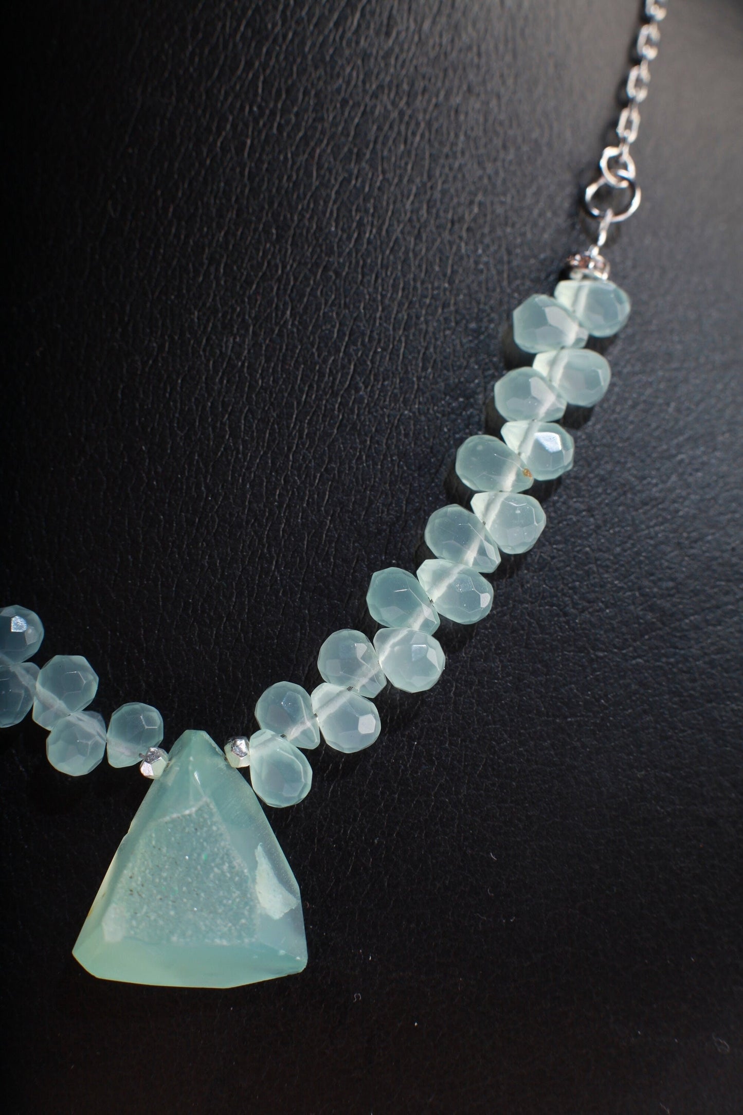 Natural Chalcedony Briolette Faceted Drop Accent with Stunning Chalcedony Raw Druzy Geode Pendant, 17&quot; Rhodium Necklace 2&quot; Extension Chain