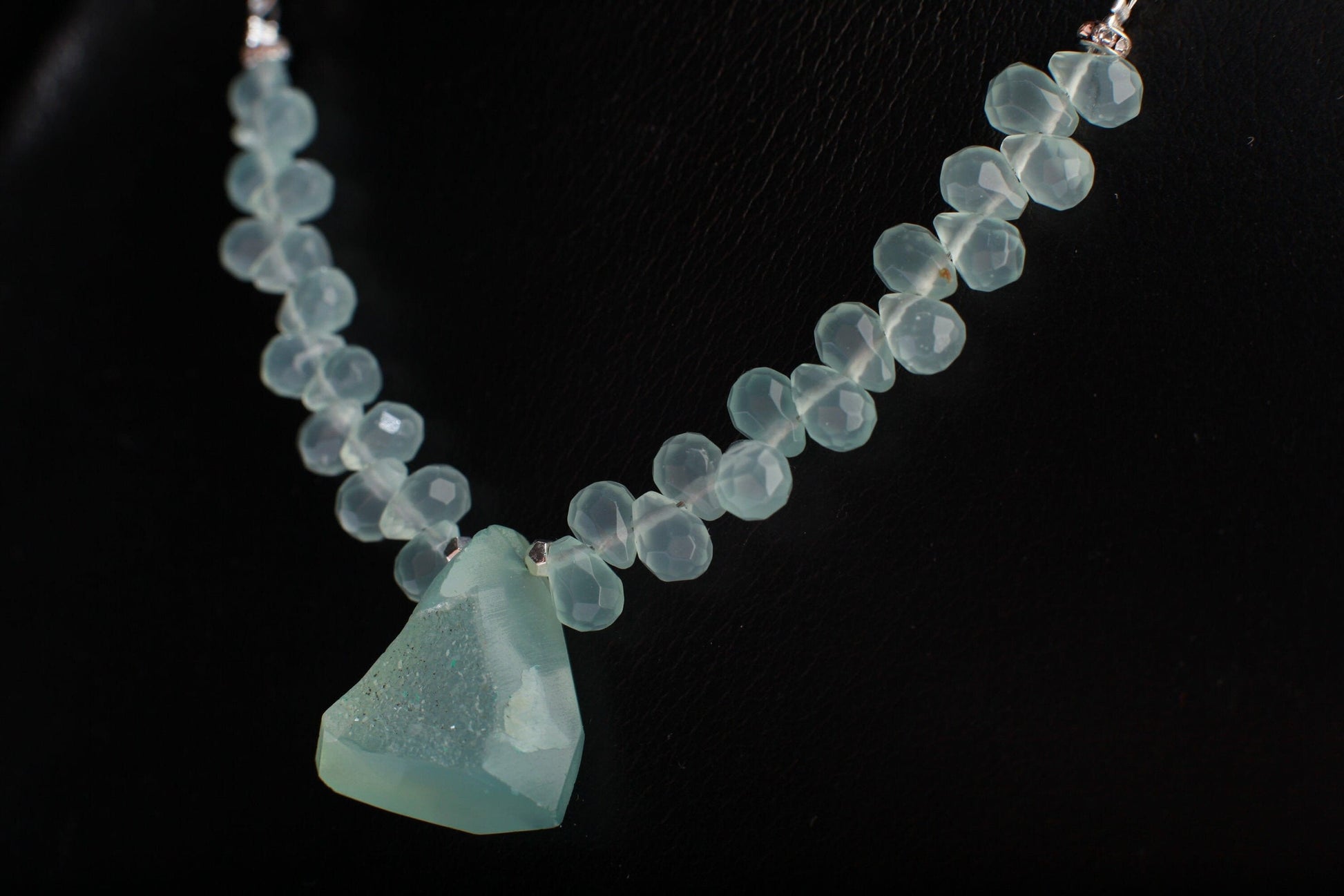 Natural Chalcedony Briolette Faceted Drop Accent with Stunning Chalcedony Raw Druzy Geode Pendant, 17&quot; Rhodium Necklace 2&quot; Extension Chain