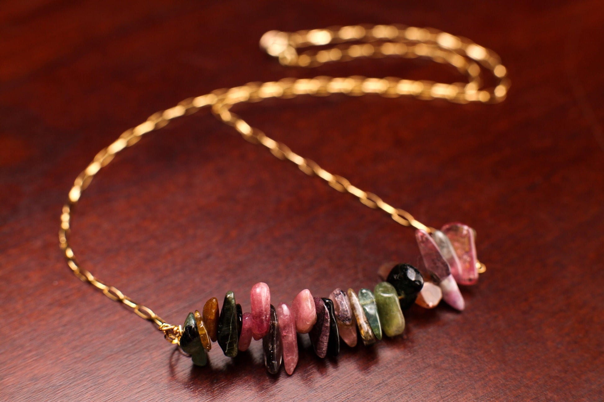 Watermelon Tourmaline 5-13mm Raw Freeform Chips, 14K Gold Filled, 925 Sterling Silver Bar Necklace,Healing Crystal,Chakra,October Birthstone